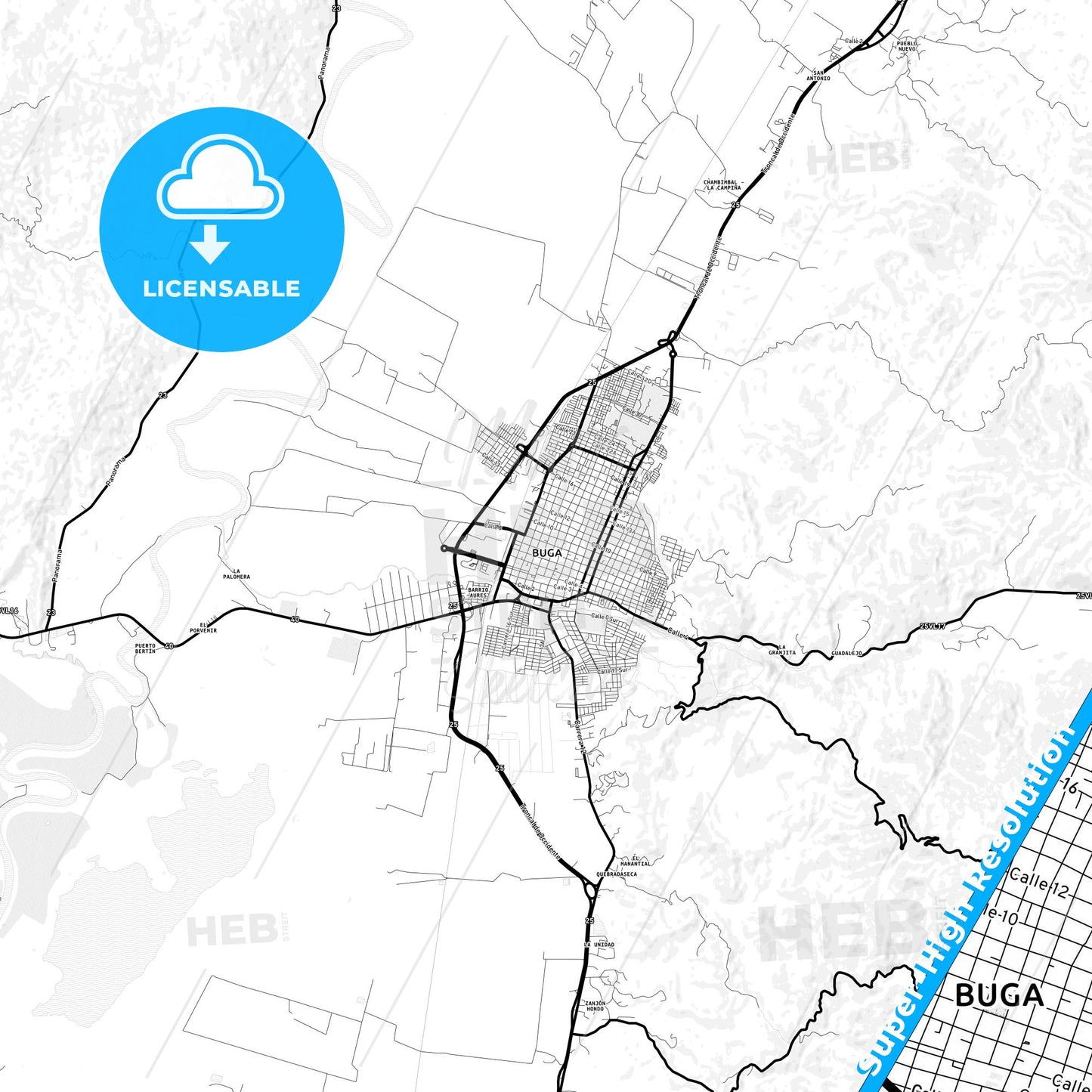 Guadalajara de Buga, Colombia Light Map with Street Names, City Names, and Districts