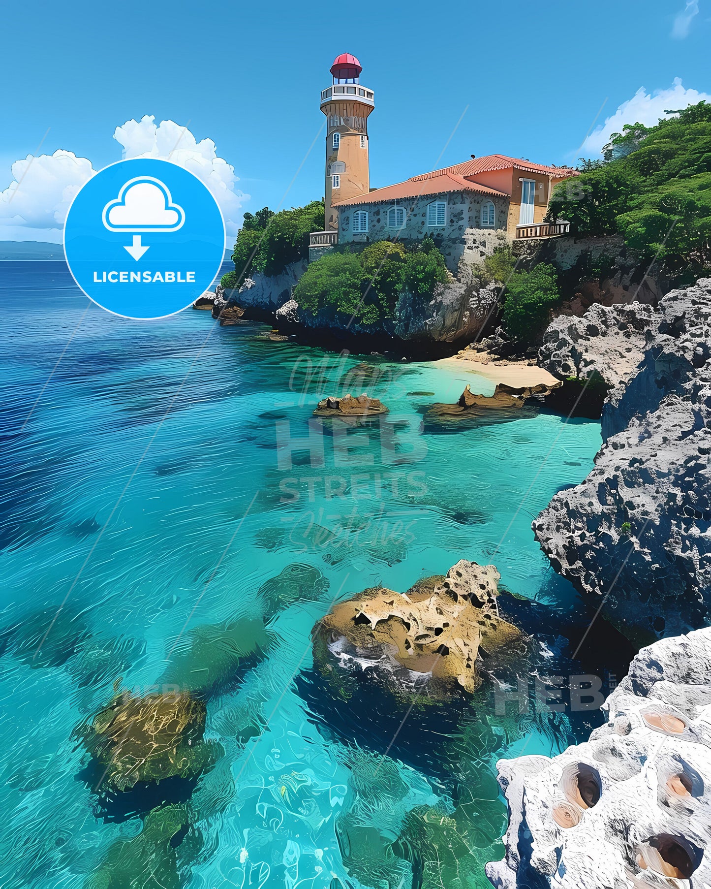 Artistic Coastal Painting: Vivid Guadeloupe Building on Sea Cliff