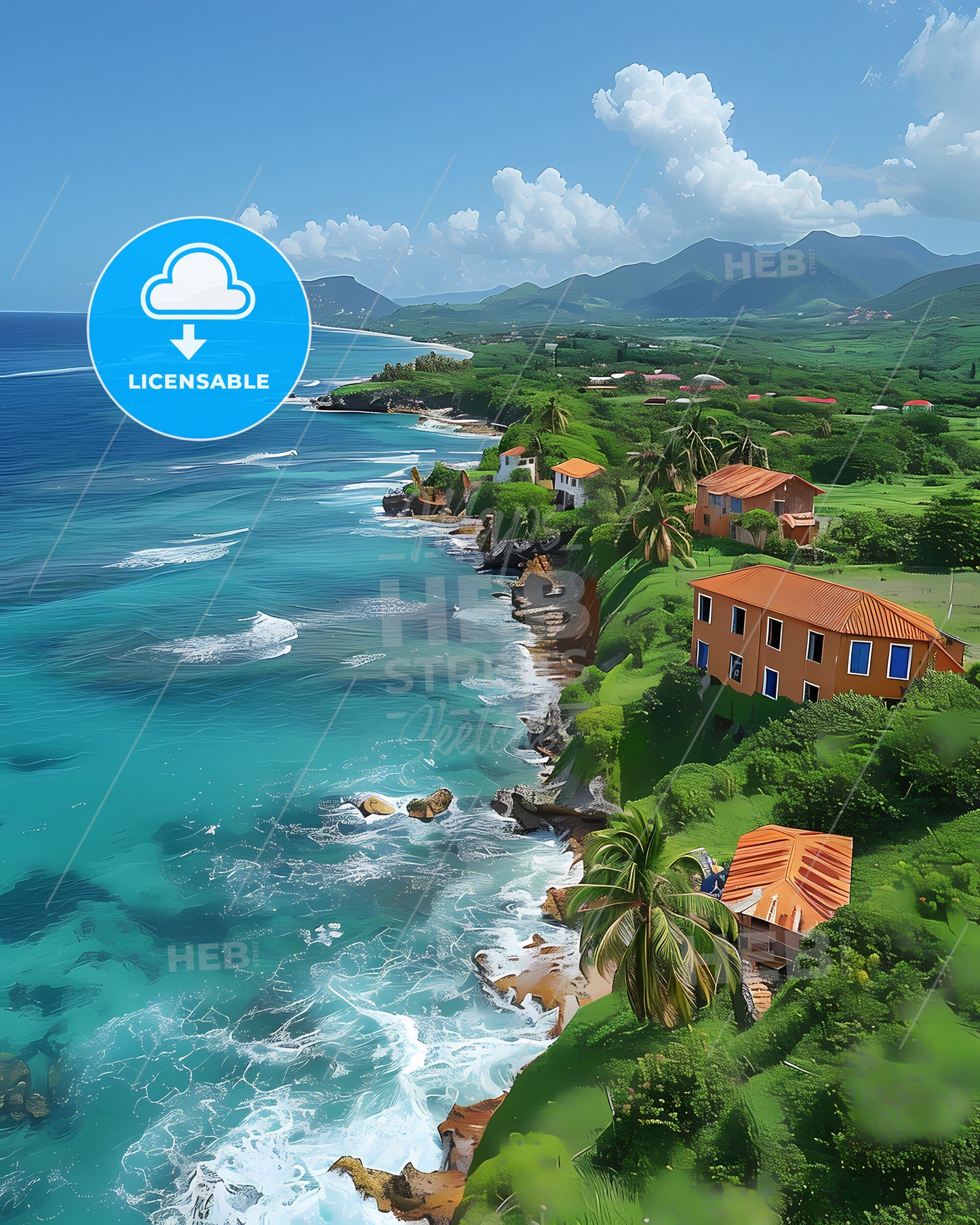 Guadeloupe, North America - Vivid Painting of Tropical Landscape with Houses and Trees