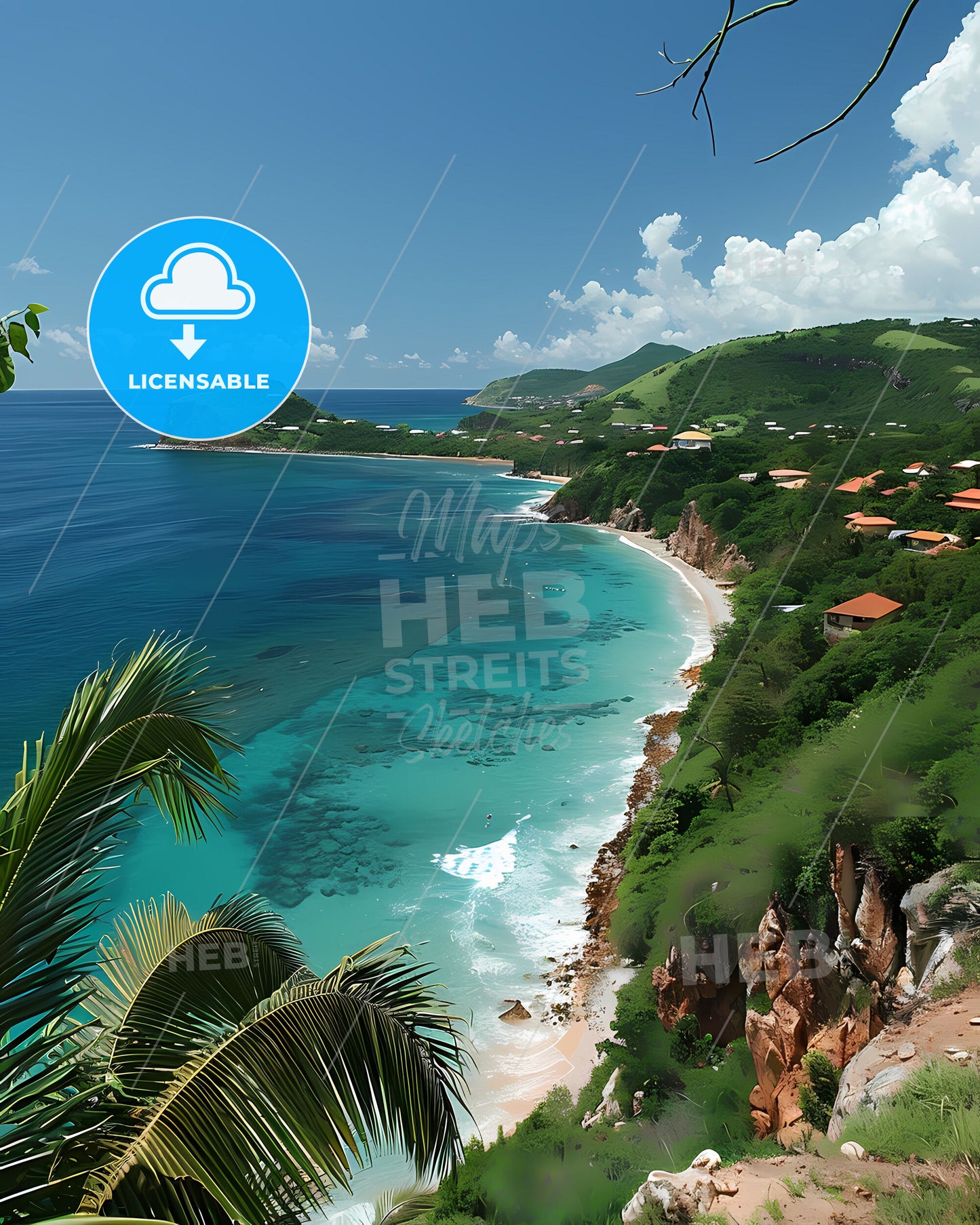 Caribbean Beach Painting, Guadeloupe, Houses, Trees, Art, Vibrant Colors