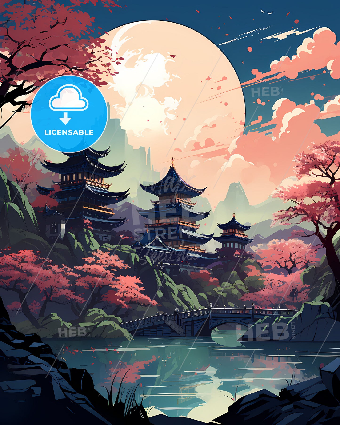 Guangzhou Skyline Tranquil Riverfront Cityscape Artful Painting with Bridge and Pagoda Landscape