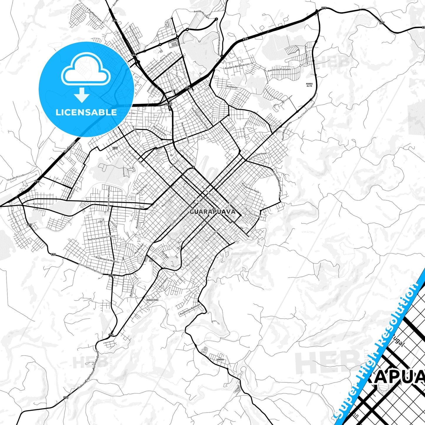 Guarapuava, Brazil Light Map with Street Names, City Names, and Districts