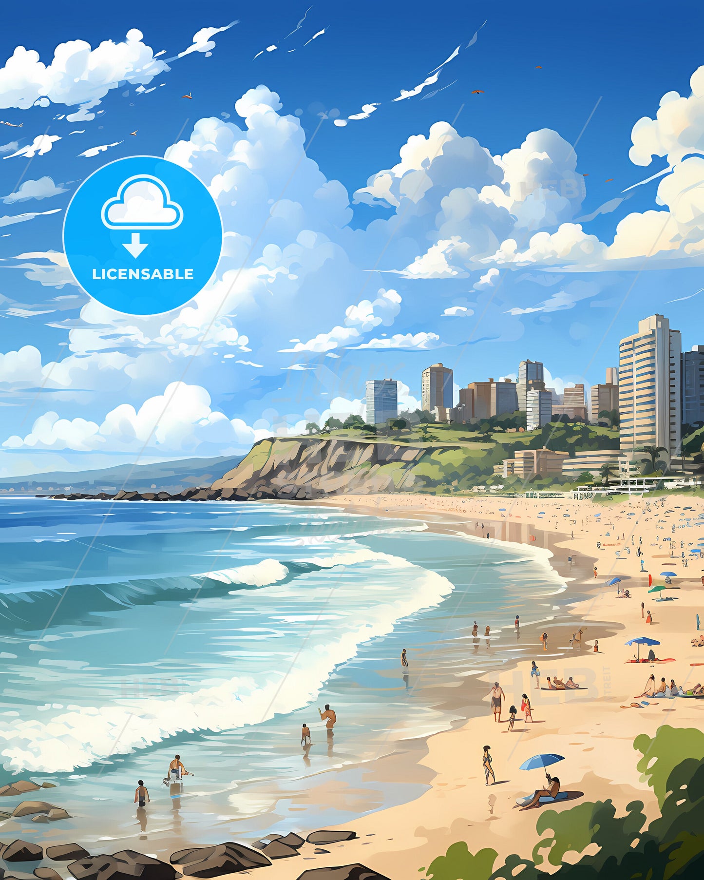 Tranquil Beachside Art: Guaruja Brazil Skyline Painting with People and Buildings