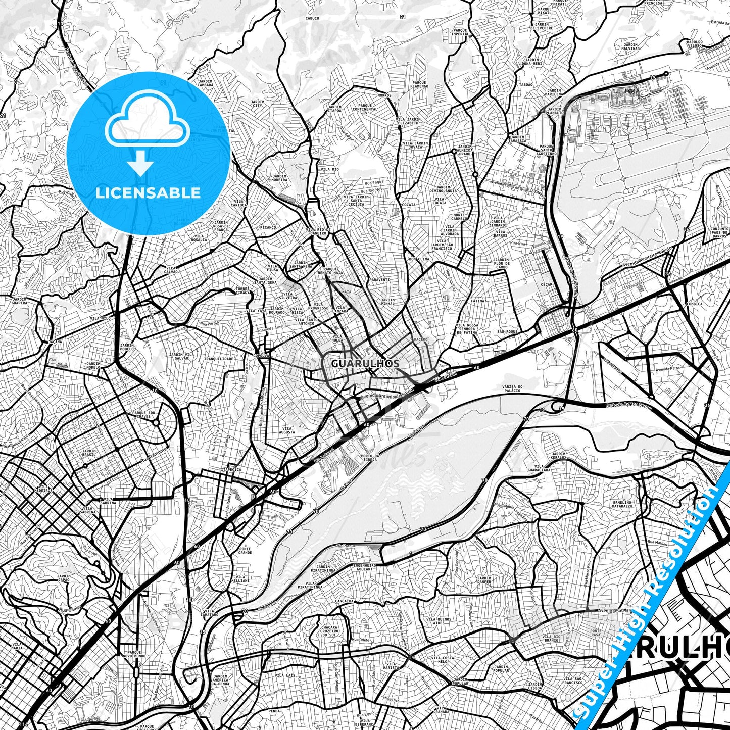 Guarulhos, Brazil Light Map with Street Names, City Names, and Districts