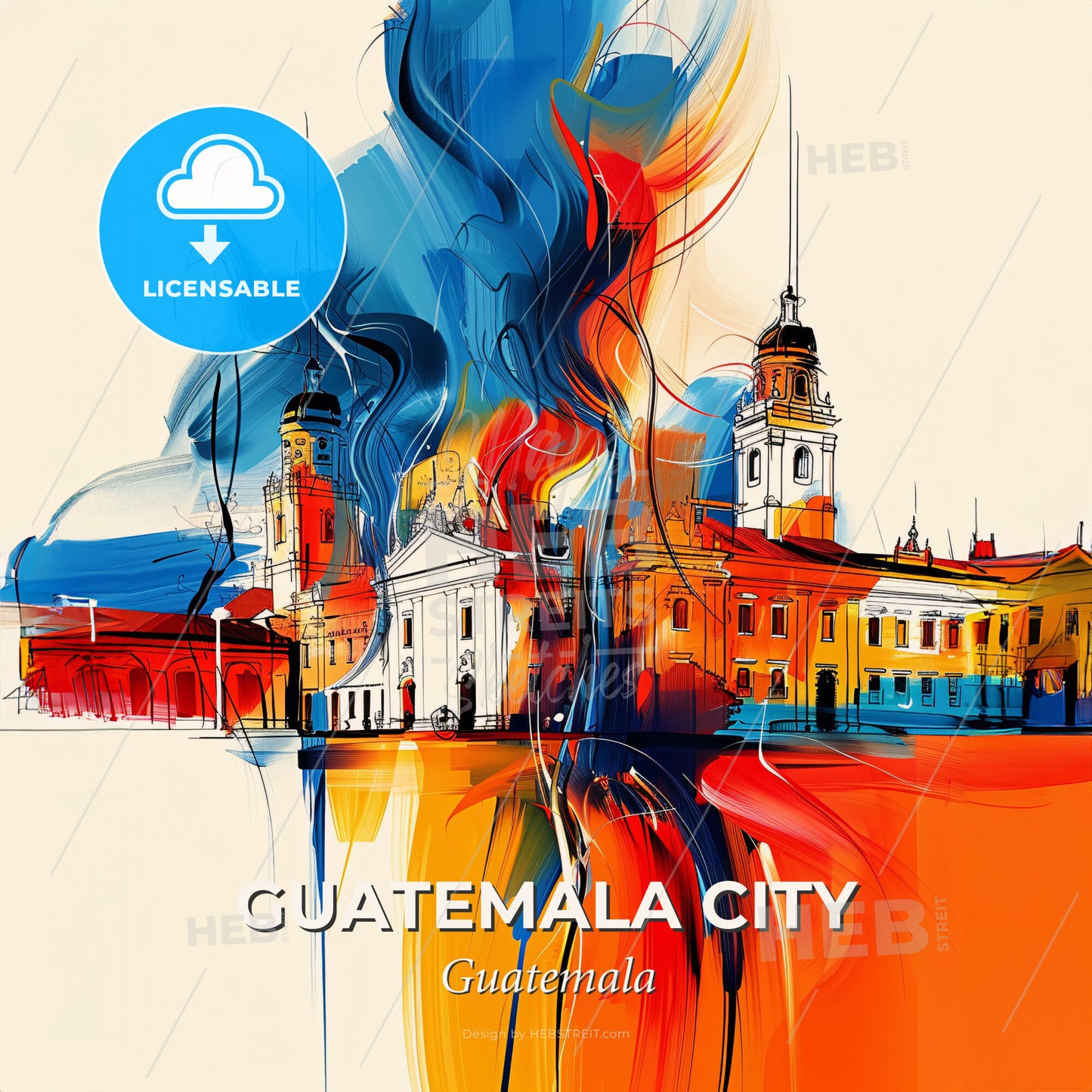 Vibrant Guatemala City, Guatemala - A Painting Of A Building With Smoke Coming Out Of It - Square format print template