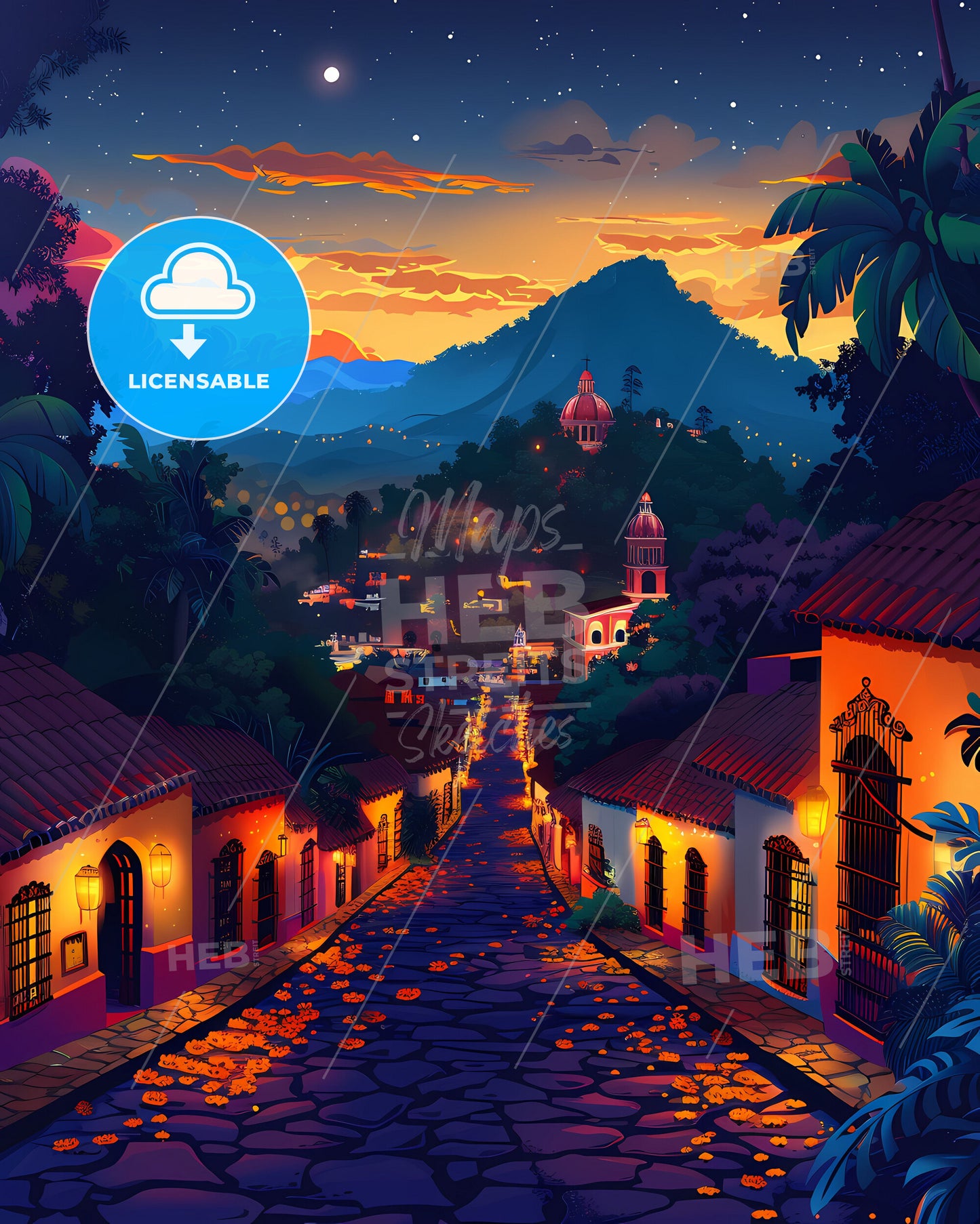 Vibrant Central American Street Art Mural of Buildings and Trees in Guatemala, North America