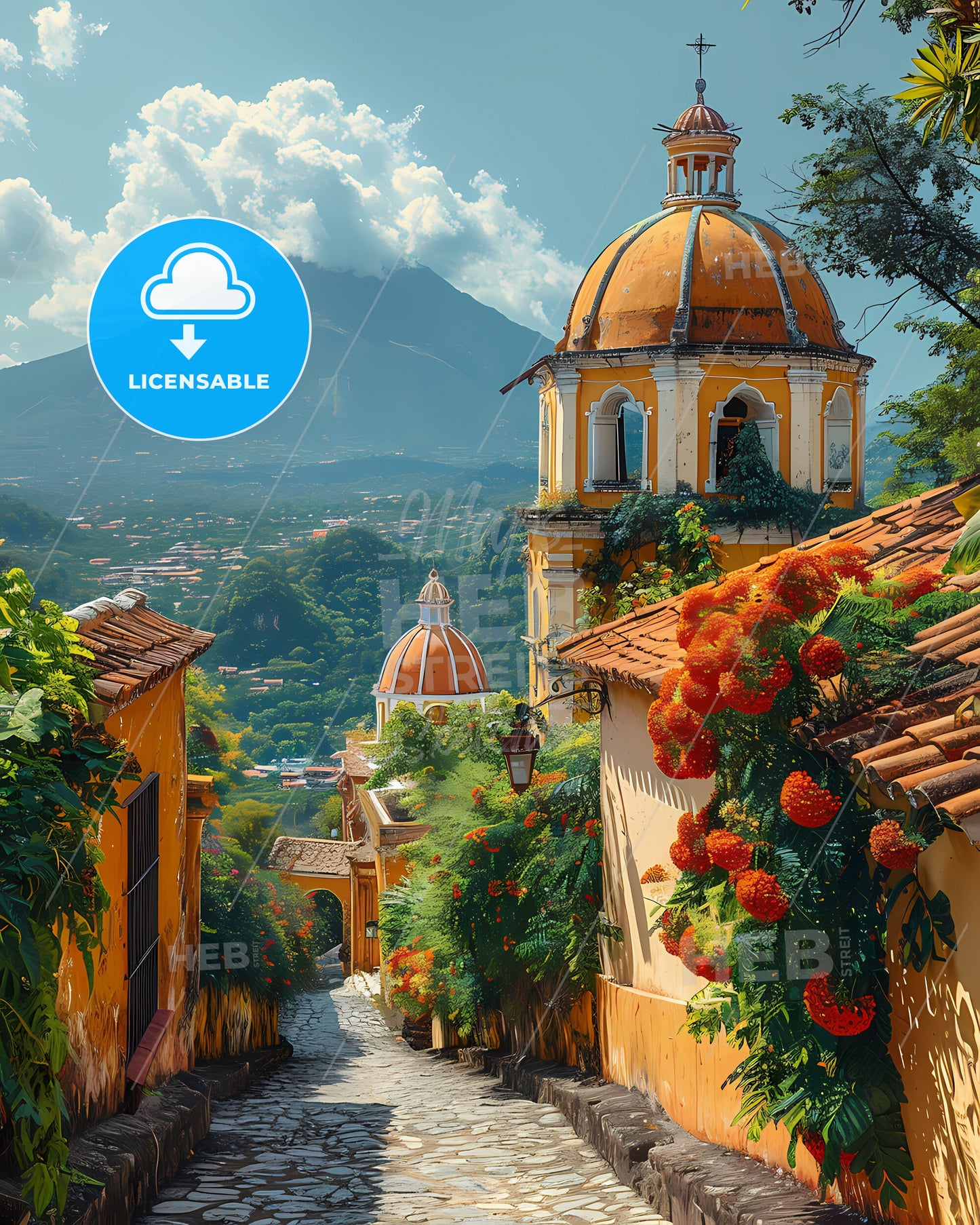 Vibrant Guatemalan Art Street Depicting Steeple and Mountain