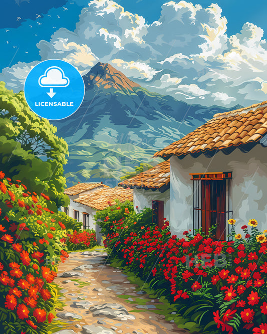 Vibrant Guatemalan Painting: Floral Path with Mountain Vista