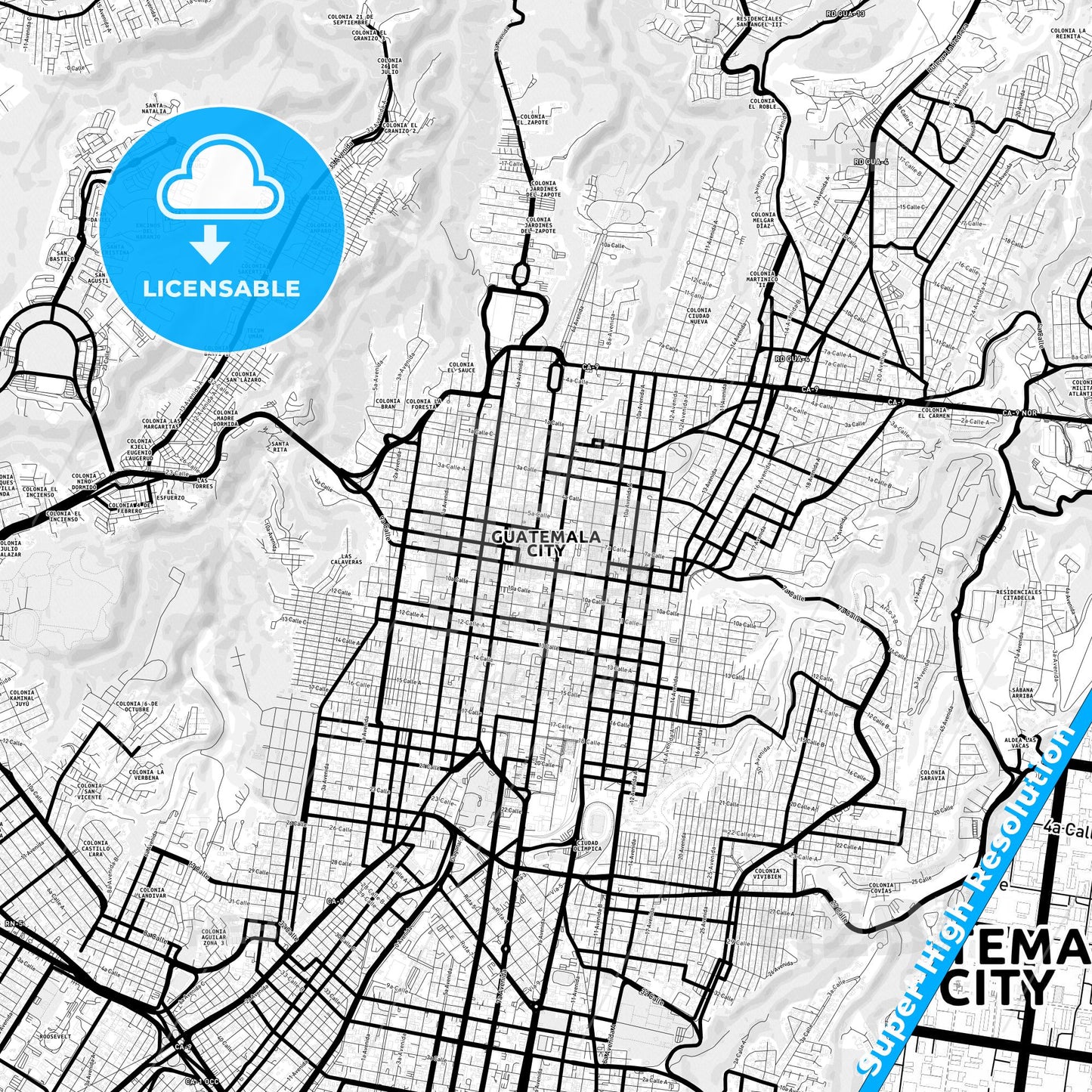 Guatemala City, Guatemala Light Map with Street Names, City Names, and Districts