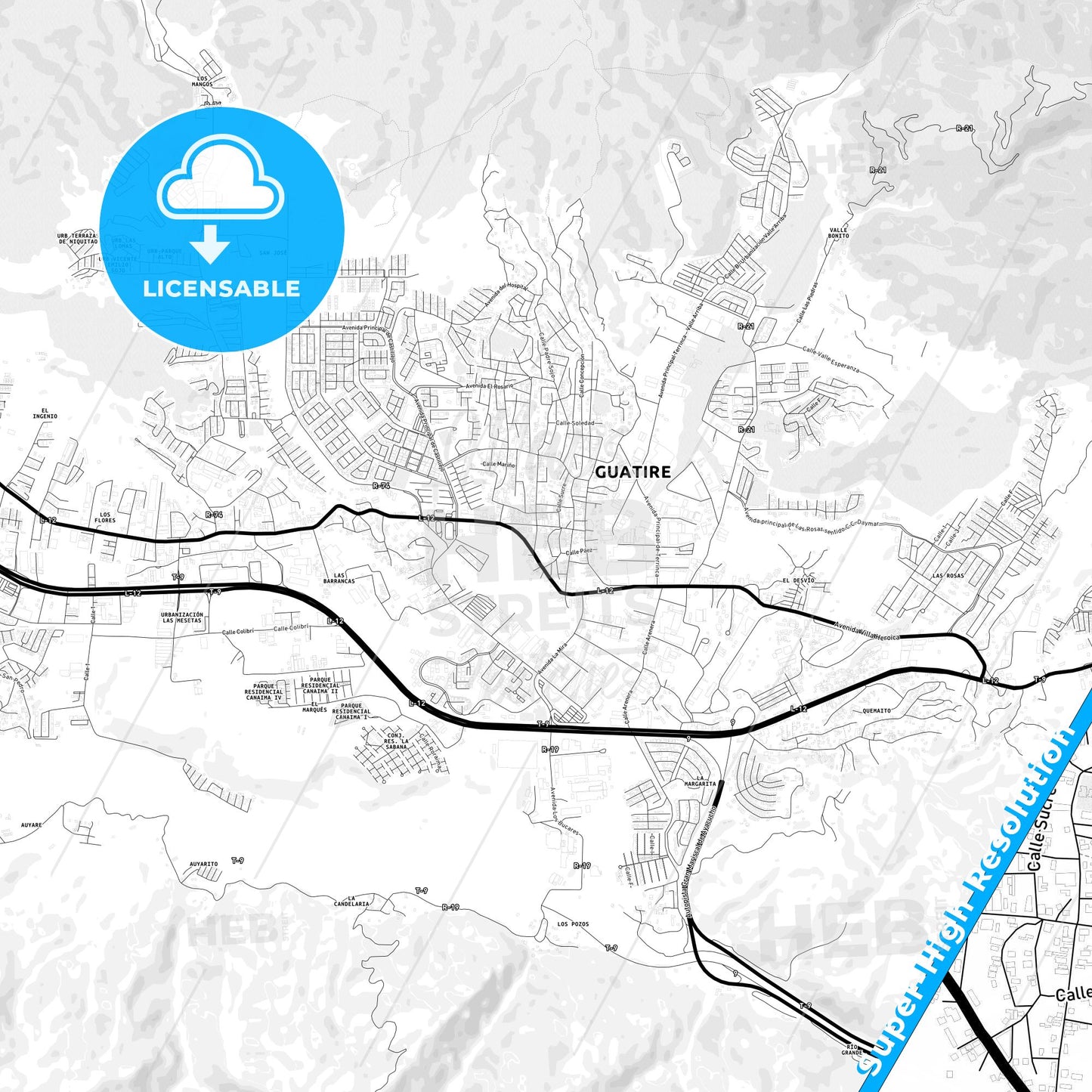 Guatire, Venezuela Light Map with Street Names, City Names, and Districts