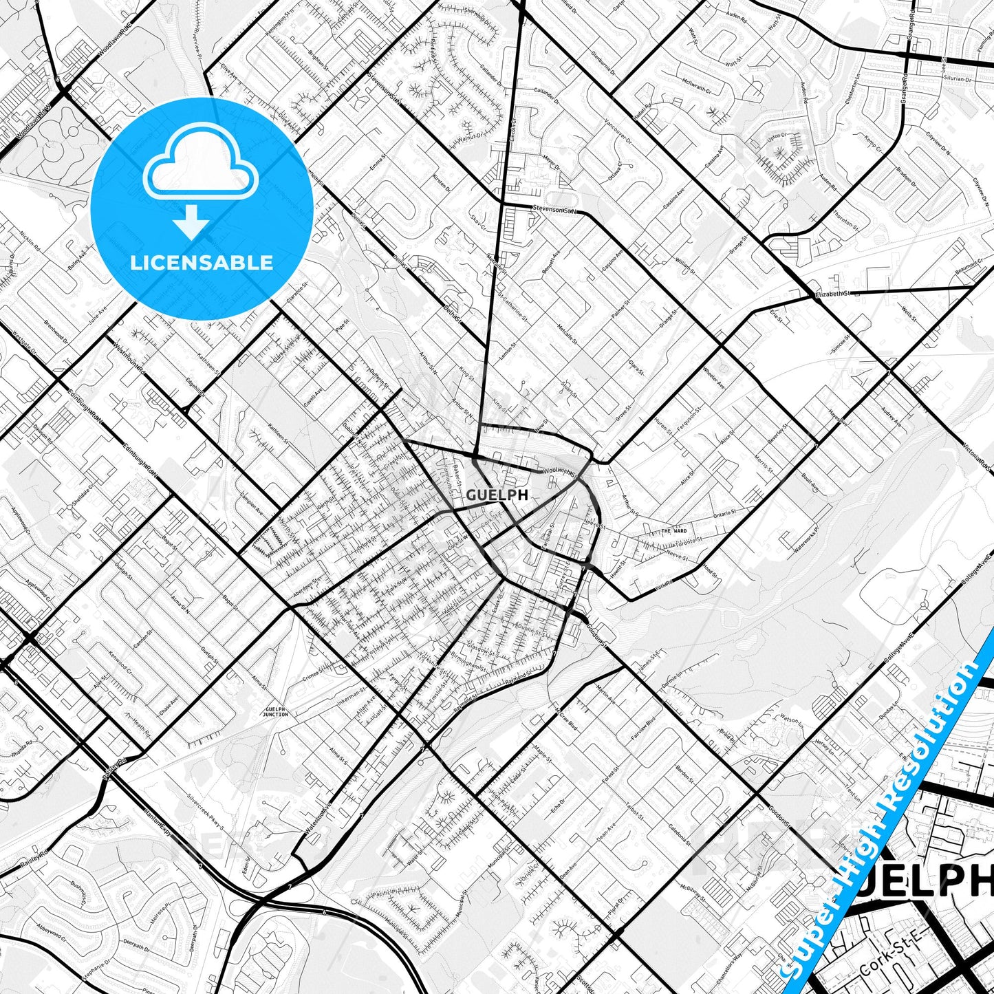 Guelph, Canada Light Map with Street Names, City Names, and Districts