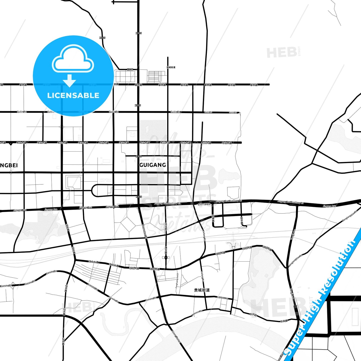 Guigang, China Light Map with Street Names, City Names, and Districts