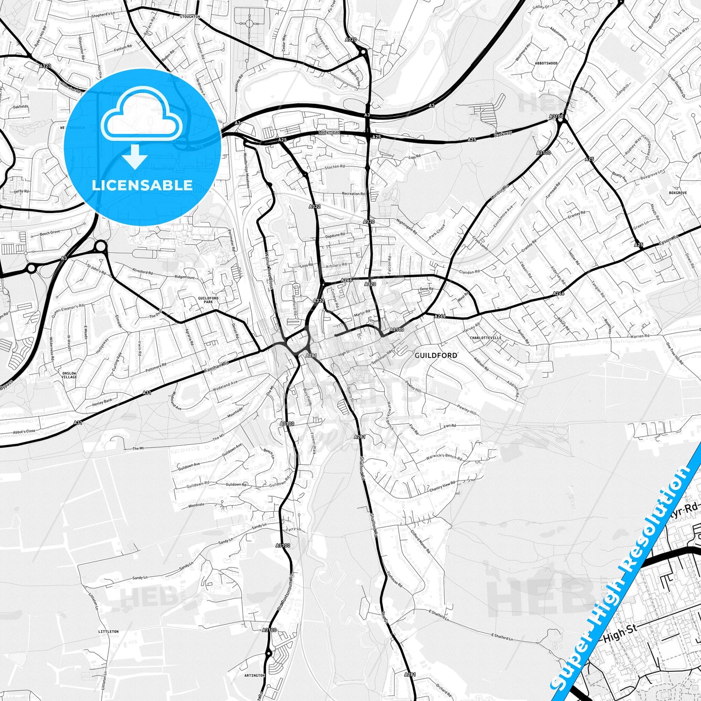Guildford, England Light Map with Street Names, City Names, and Districts