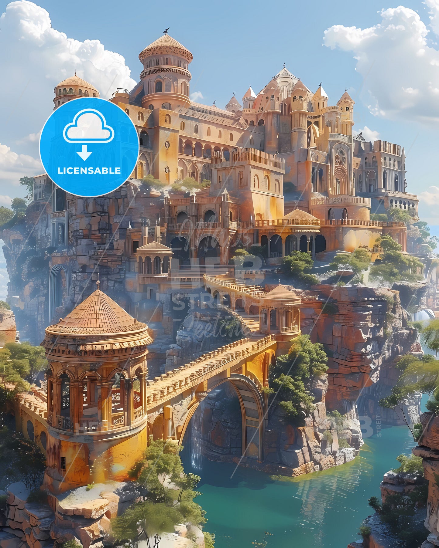 Vibrant Painting Depicting Majestic Castle Perched on a Rocky Hilltop in the Heart of Guinea, Africa