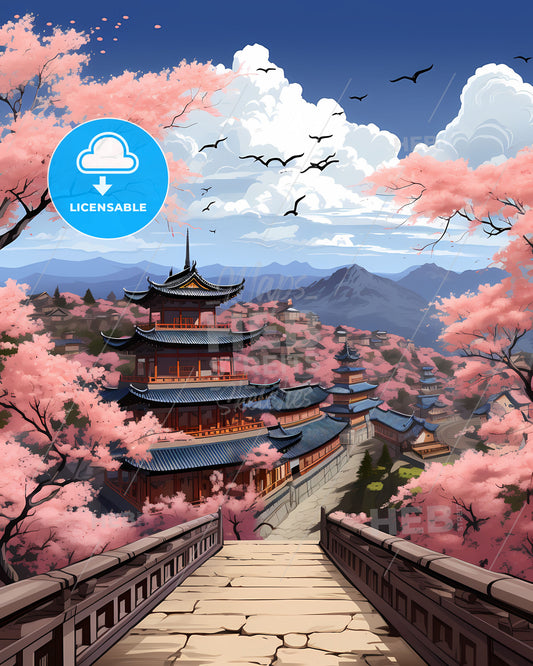Guiyang City Skyline Vibrant Painting Focus Art Chinese Pagoda Cherry Blossoms Bridge
