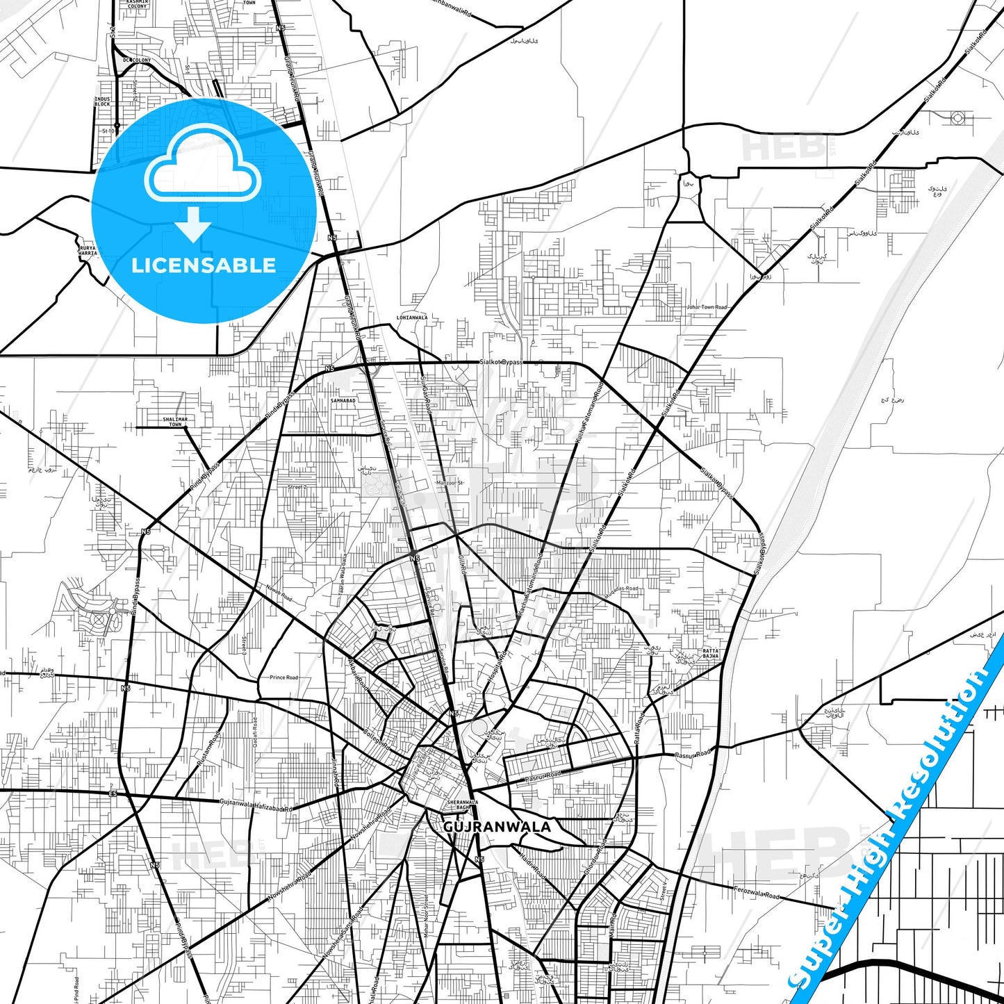 Gujranwala, Pakistan Light Map with Street Names, City Names, and Districts