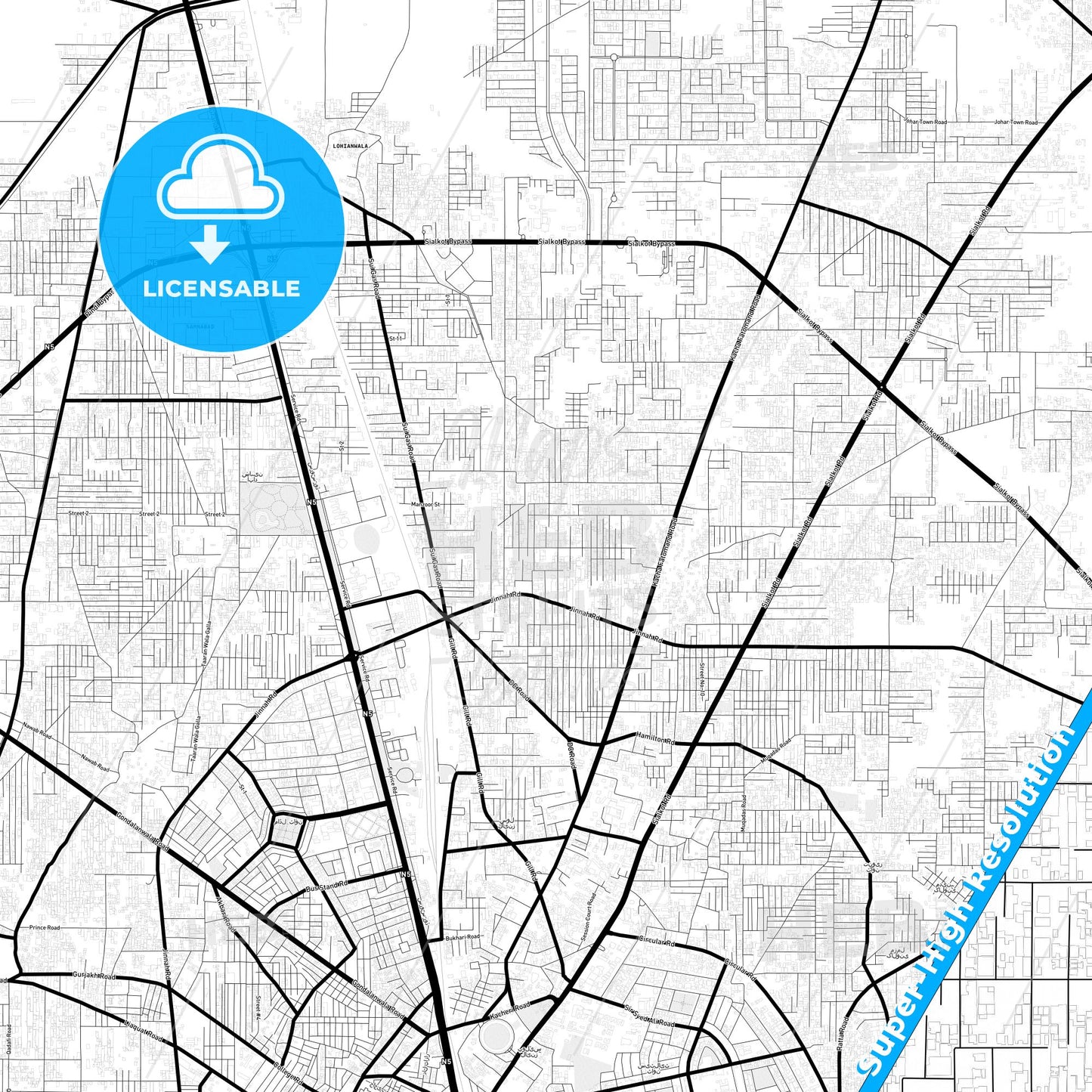 Gujranwala, Pakistan Light Map with Street Names, City Names, and Districts