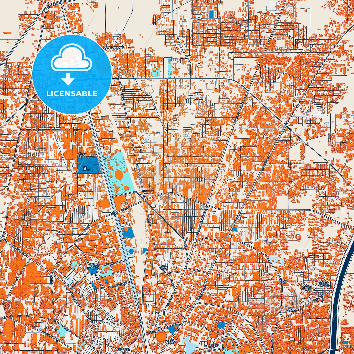 Colorful Gujranwala Street Map with Labels and Buildings