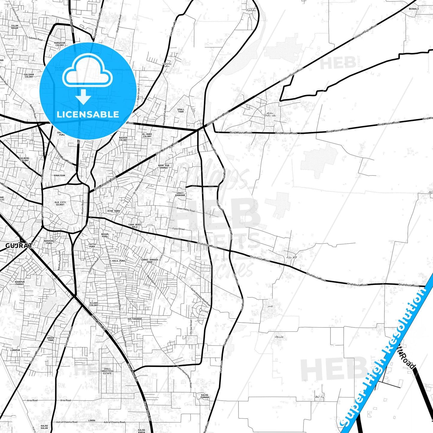 Gujrat, Pakistan Light Map with Street Names, City Names, and Districts