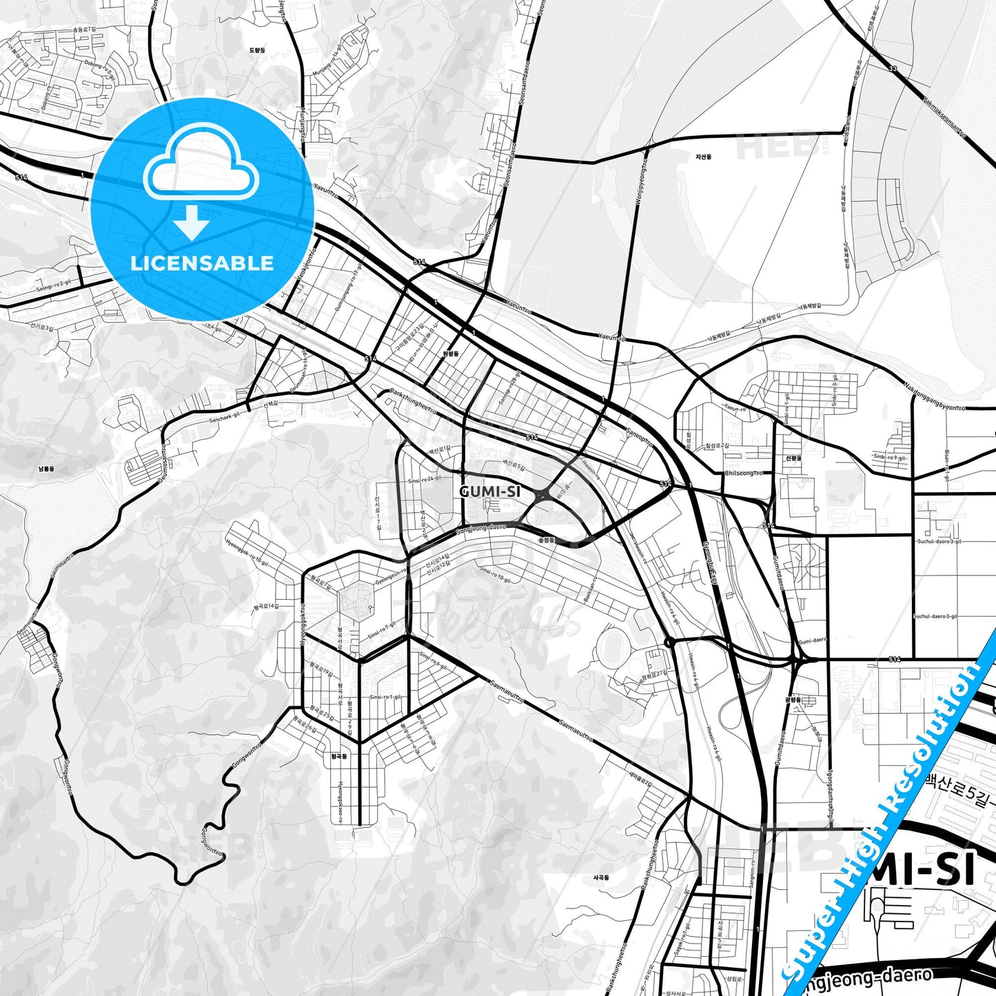 Gumi, South Korea Light Map with Street Names, City Names, and Districts