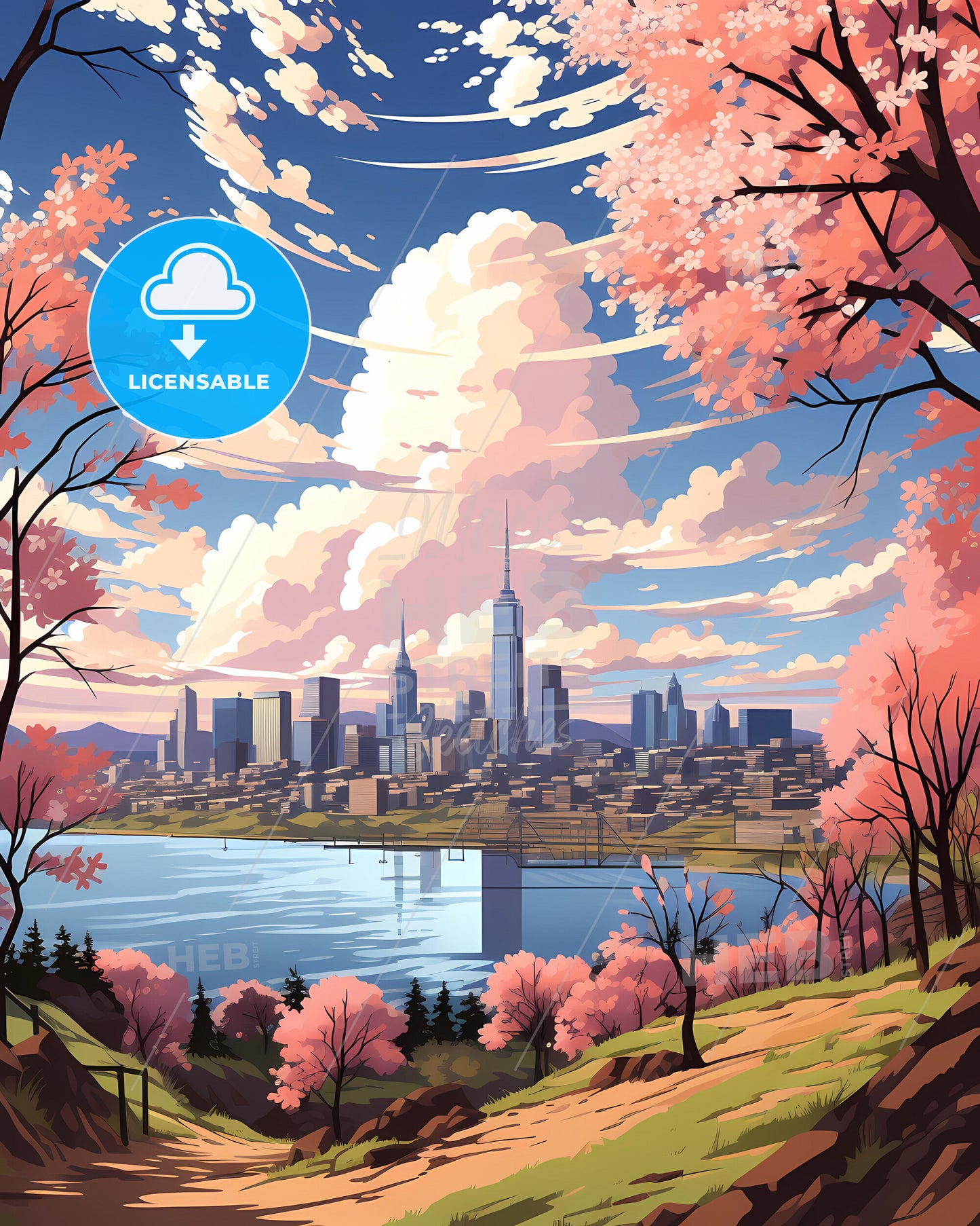 Vibrant Artistic South Korea Skyline with Blossom Trees and Tranquil River