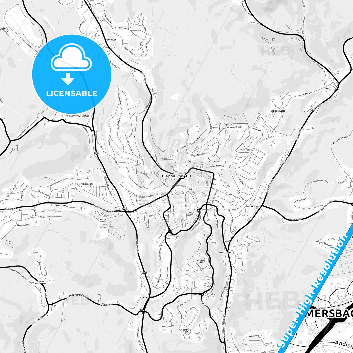 Gummersbach, Germany Light Map with Street Names, City Names, and Districts