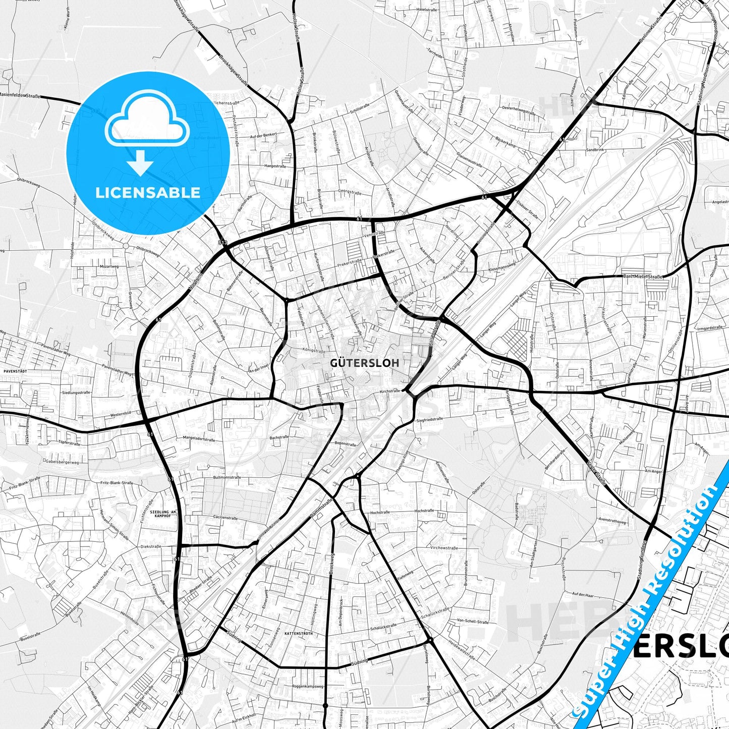 Gutersloh, Germany Light Map with Street Names, City Names, and Districts