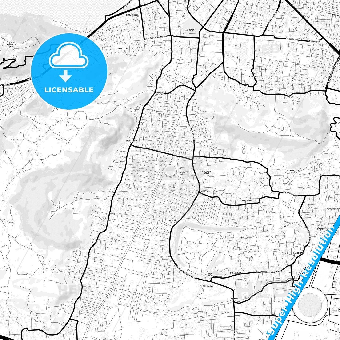 Guwahati, India Light Map with Street Names, City Names, and Districts