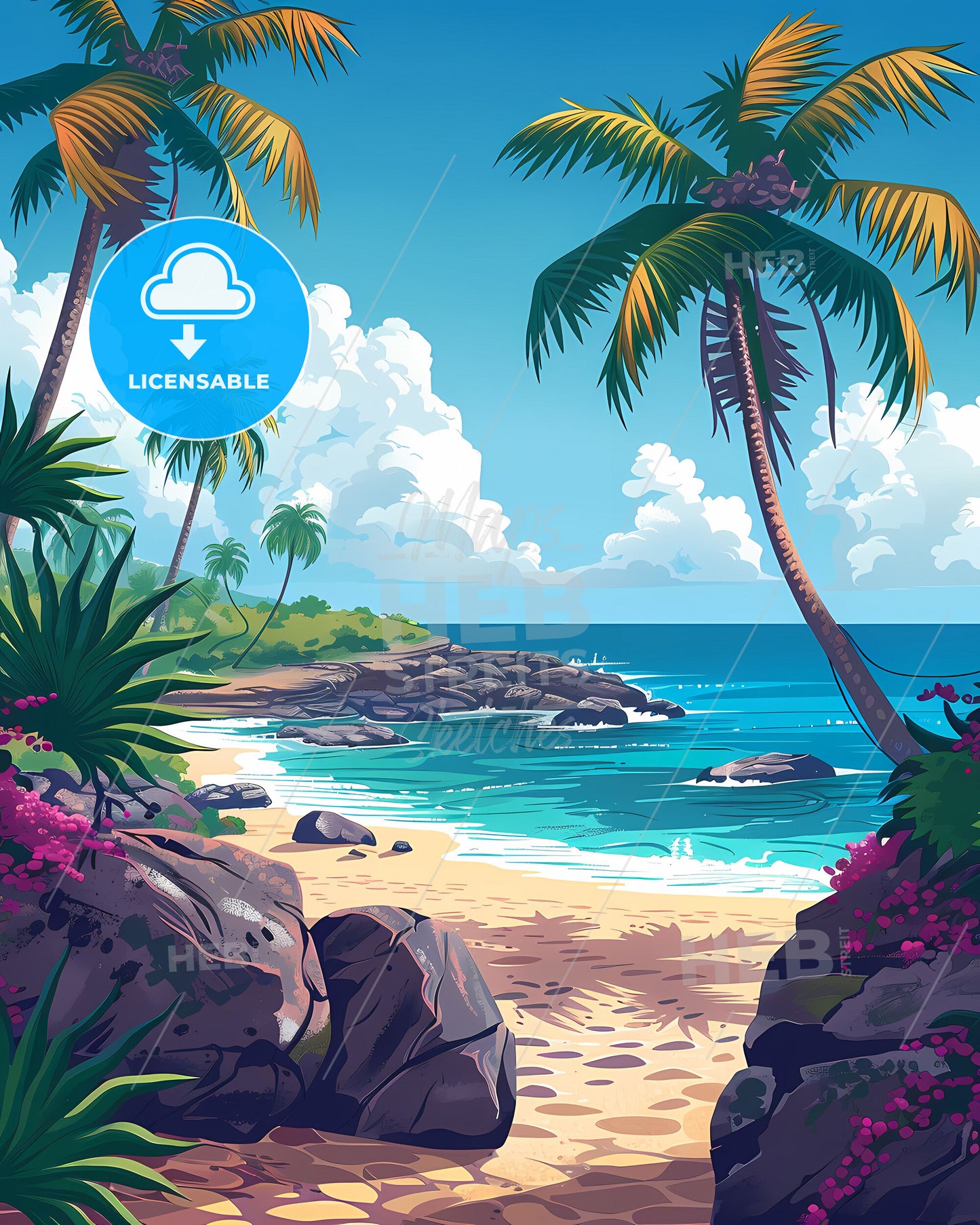 Guyana South America, travel, beach, palm trees, rocks, seascape, painting, art