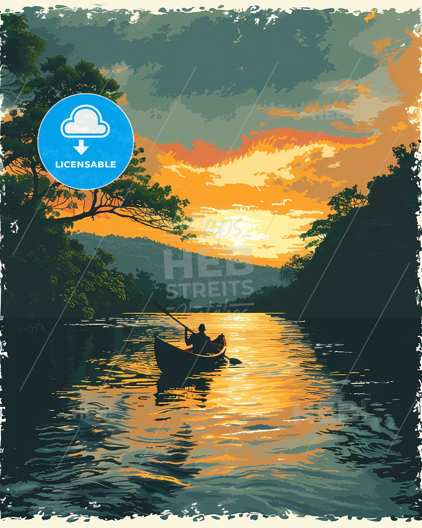 Guyana, South America - Colorful lake painting showcasing a lone person in a canoe