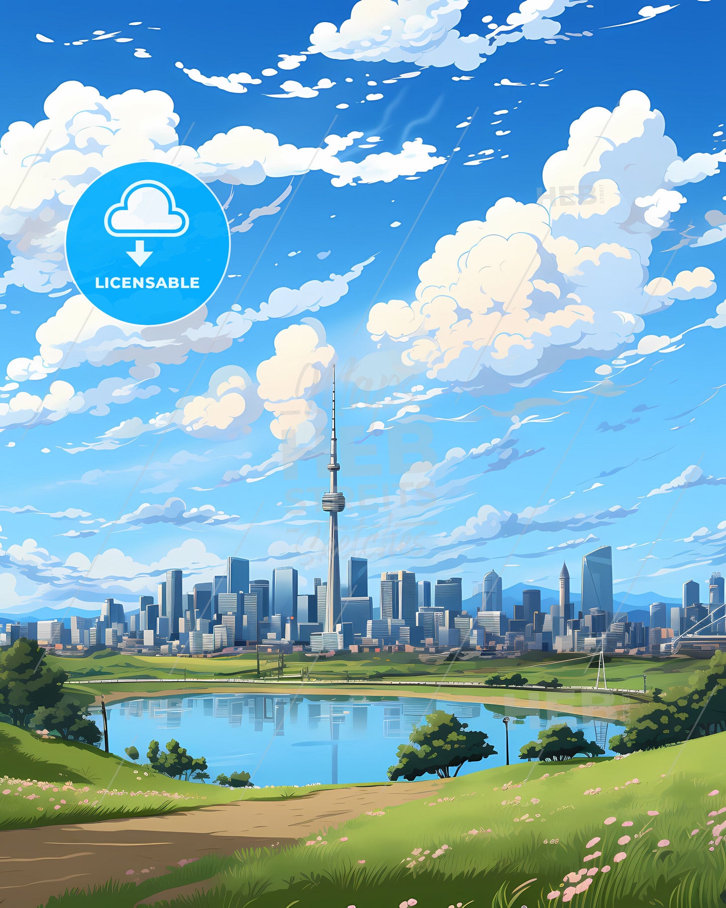 Gwangju Cityscape Artwork: Vibrant Painted Cityscape with Tower and Lake