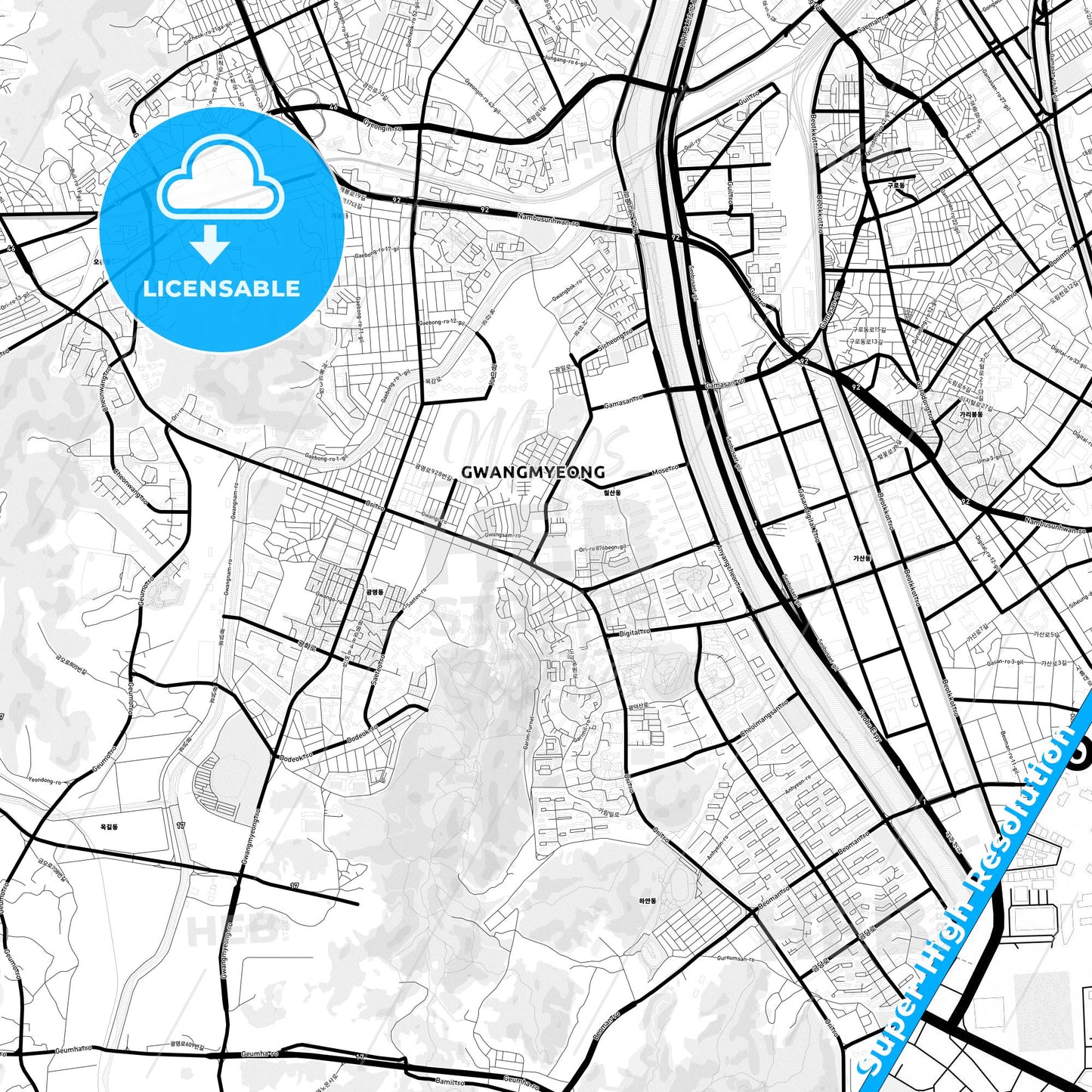 Gwangmyeong, South Korea Light Map with Street Names, City Names, and Districts