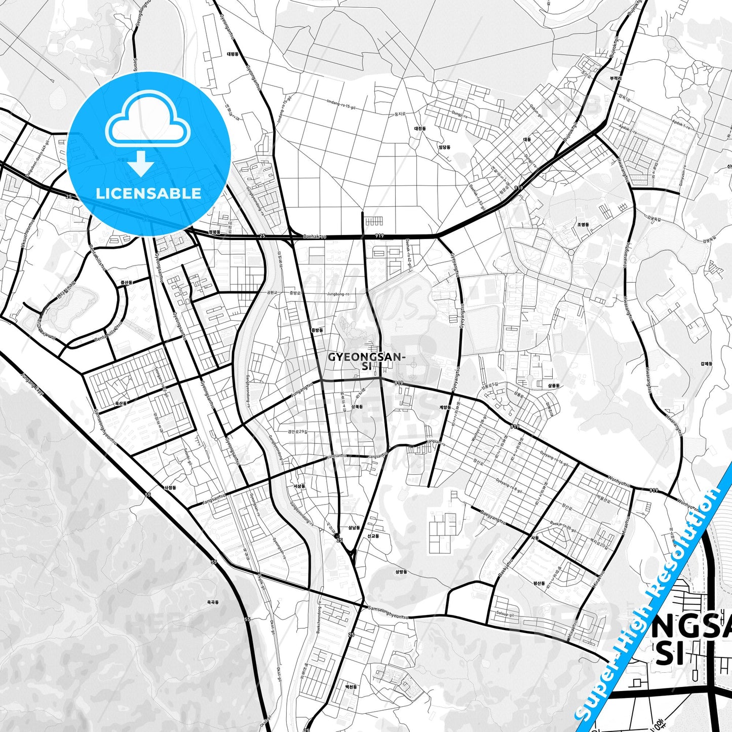 Gyeongsan, South Korea Light Map with Street Names, City Names, and Districts