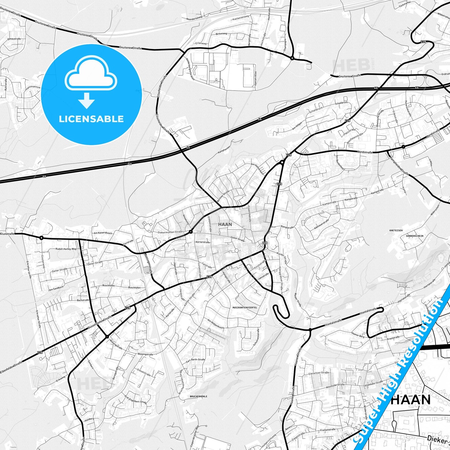 Haan, Germany Light Map with Street Names, City Names, and Districts