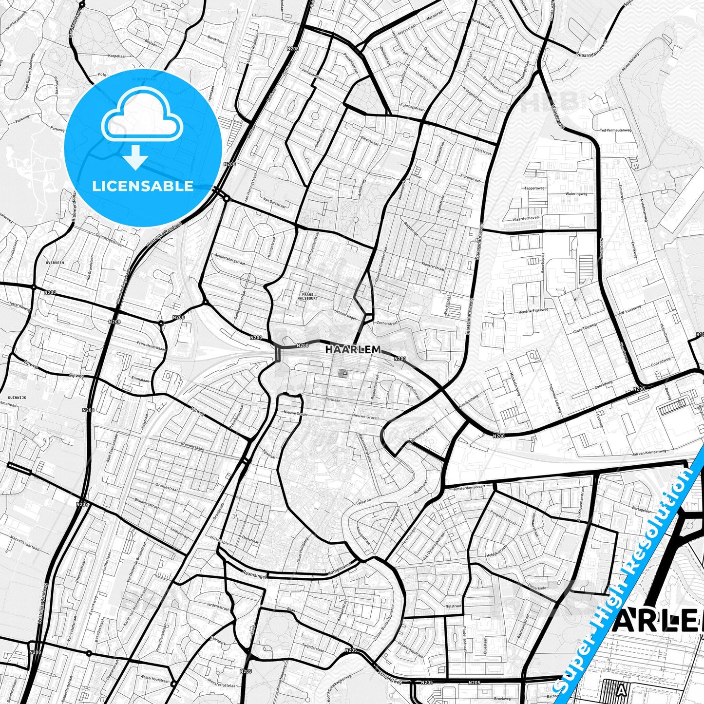 Haarlem, Netherlands Light Map with Street Names, City Names, and Districts