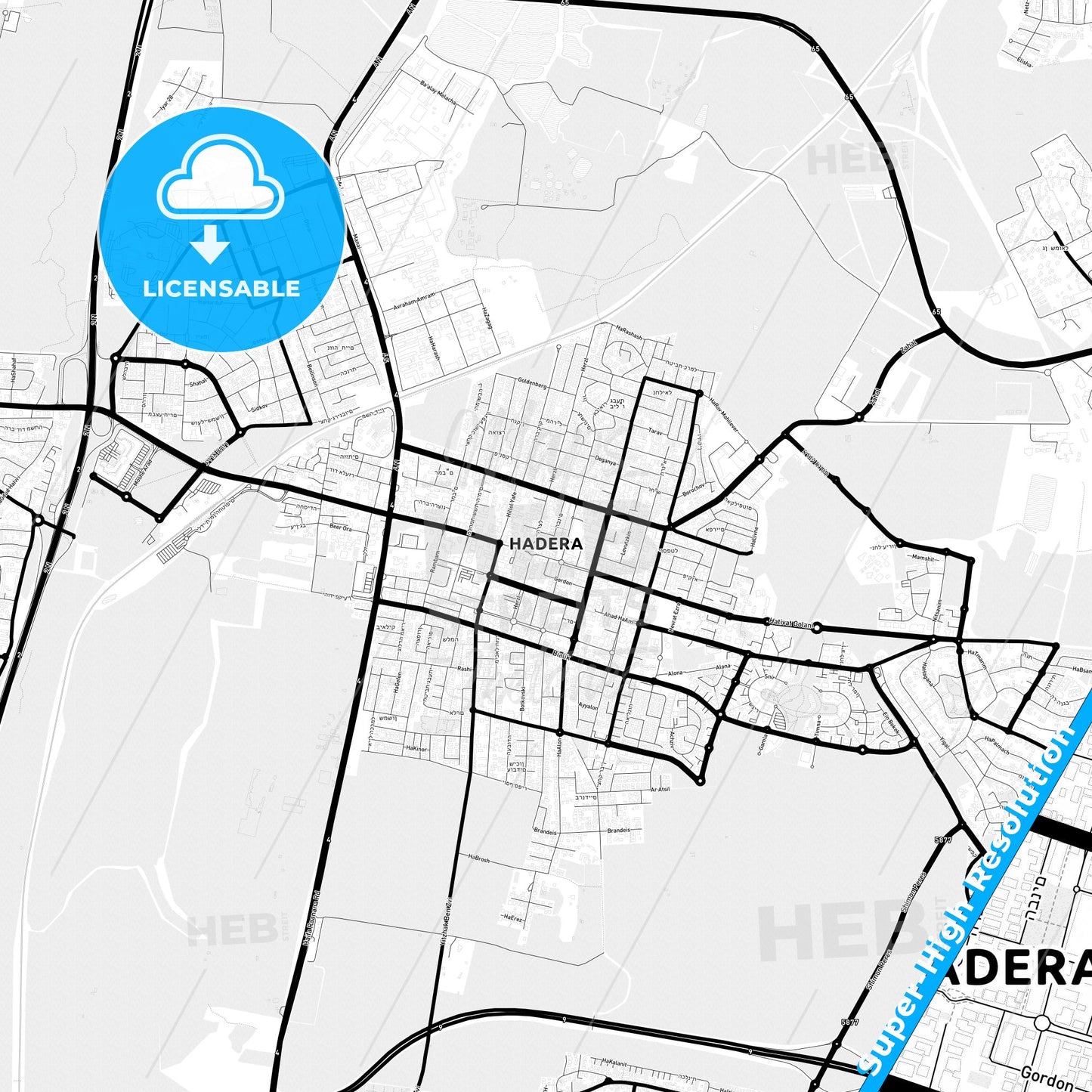 Hadera, Israel Light Map with Street Names, City Names, and Districts