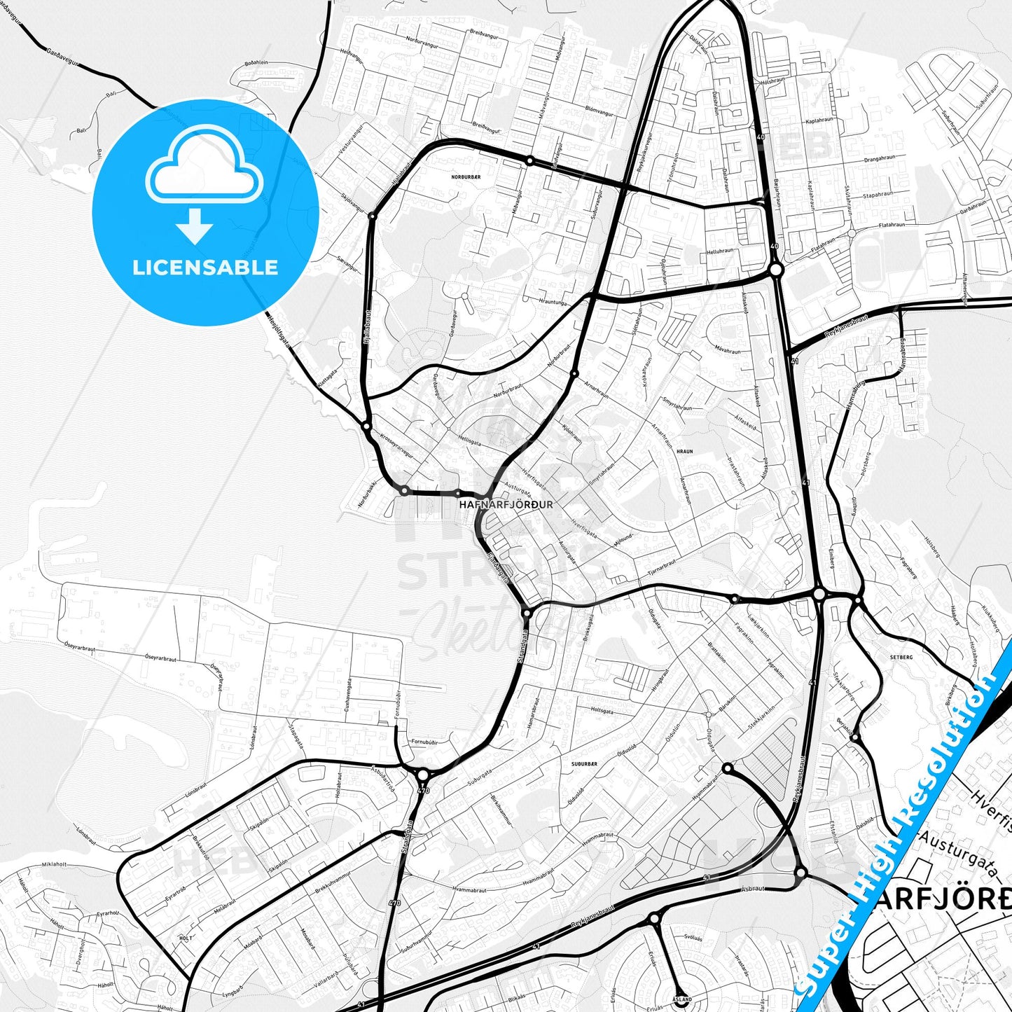 Hafnarfjörður, Iceland Light Map with Street Names, City Names, and Districts