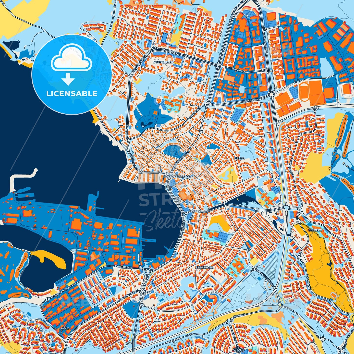 Colorful Hafnarfjörður Street Map with Labels and Buildings