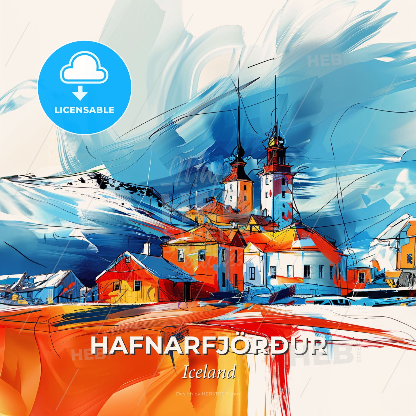 Vibrant Hafnarfjörður, Iceland - A Painting Of A Town With A Mountain In The Background - Square format print template