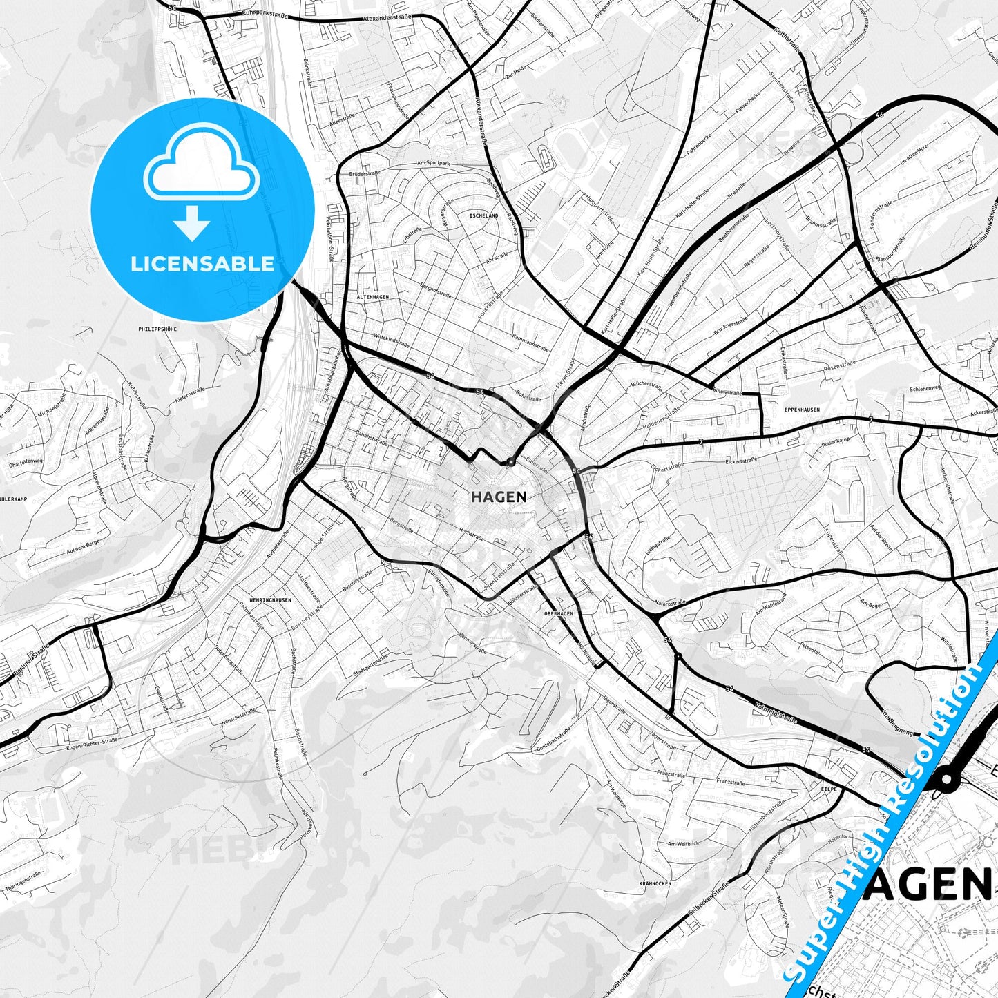 Hagen, Germany Light Map with Street Names, City Names, and Districts
