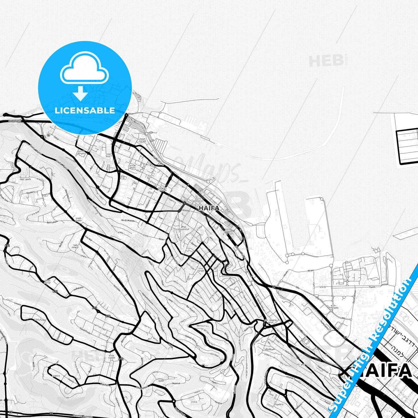 Haifa, Israel Light Map with Street Names, City Names, and Districts