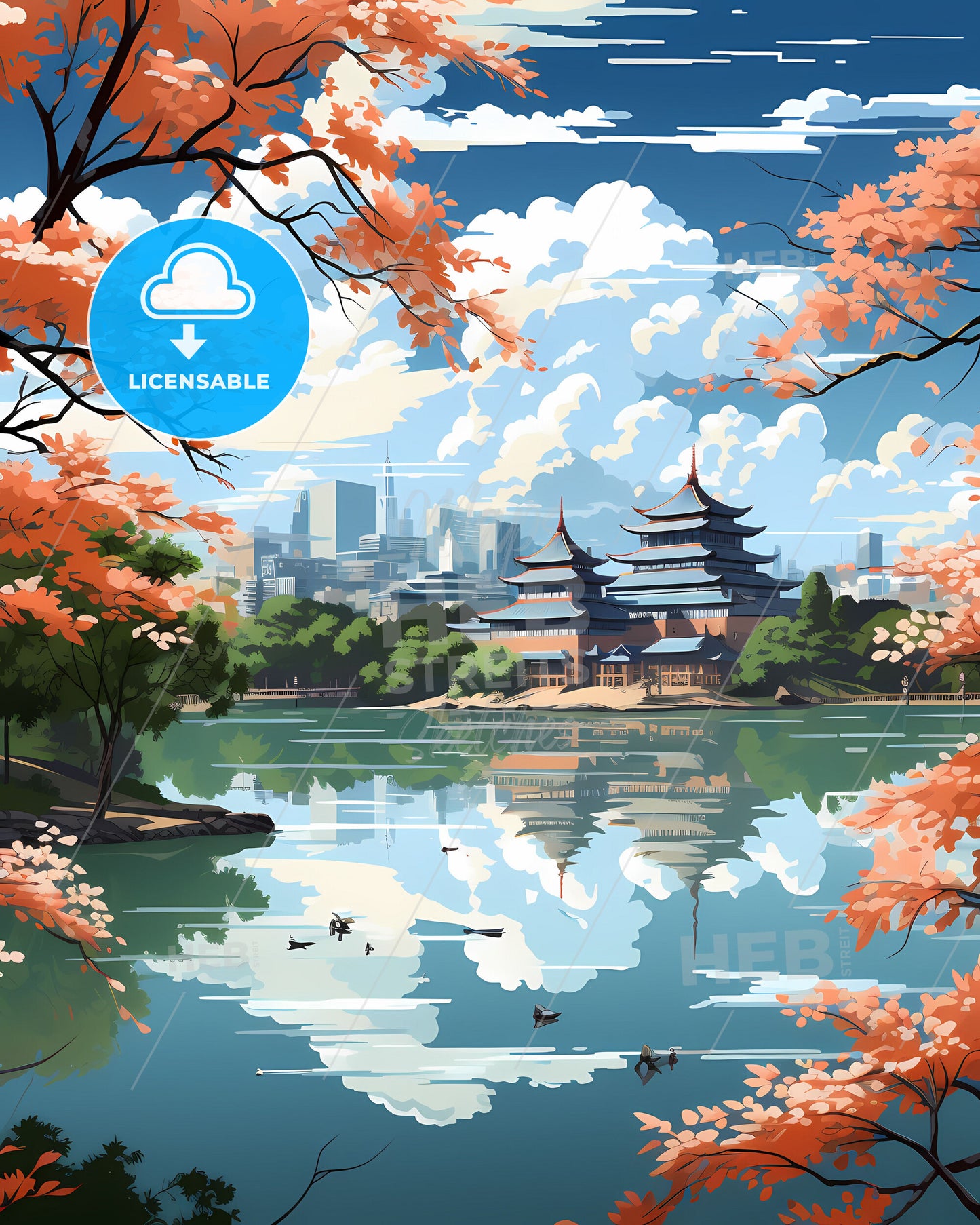 Haikou China Cityscape Lake Painting Vibrant Art City Skyline Cityscape Watercolor