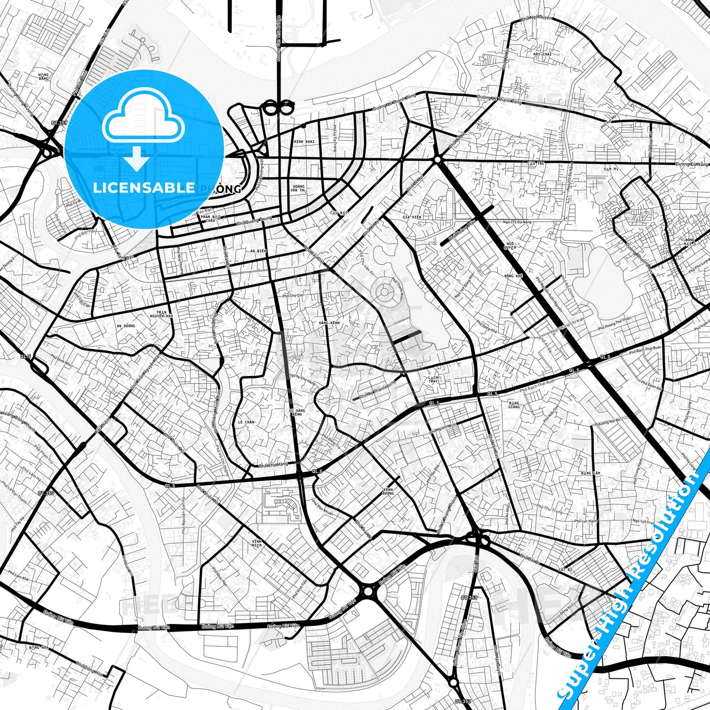 Haiphong, Vietnam Light Map with Street Names, City Names, and Districts