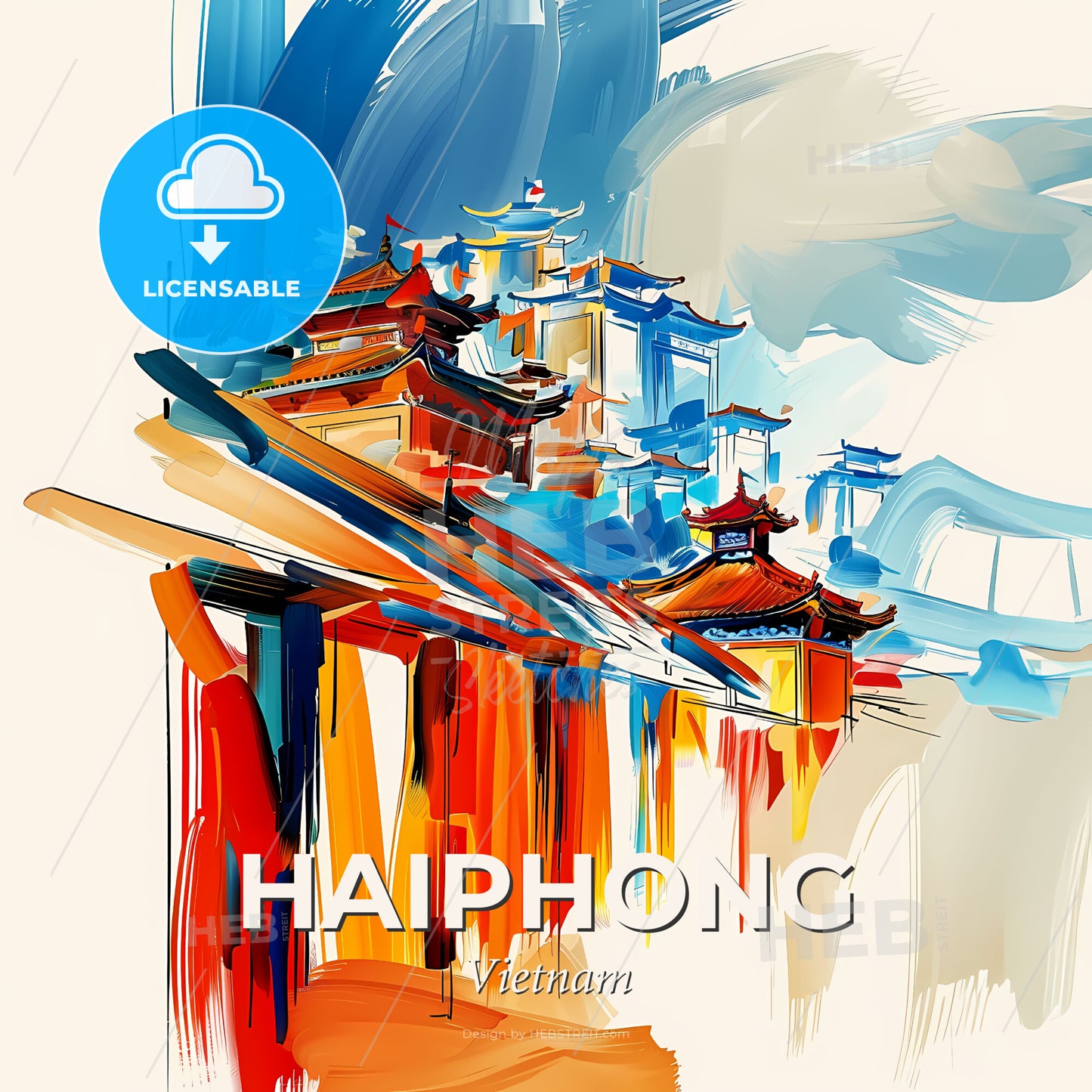 Vibrant Haiphong, Vietnam - A Painting Of Buildings And Clouds - Square format print template