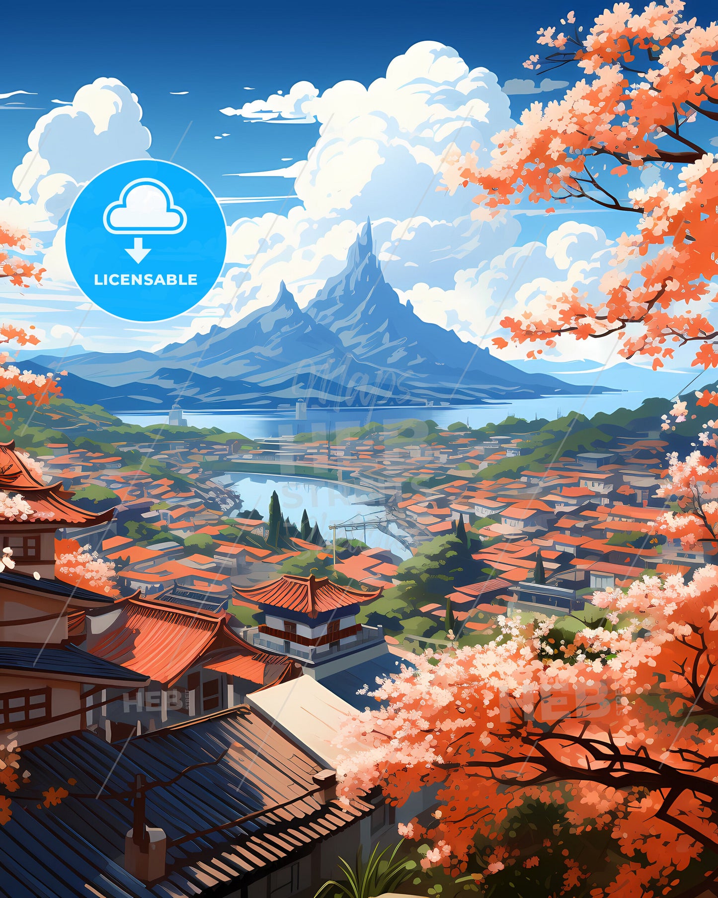 Vibrant Art Painting of Haiphong Vietnam Skyline Landscape, Cityscape, River, Mountains