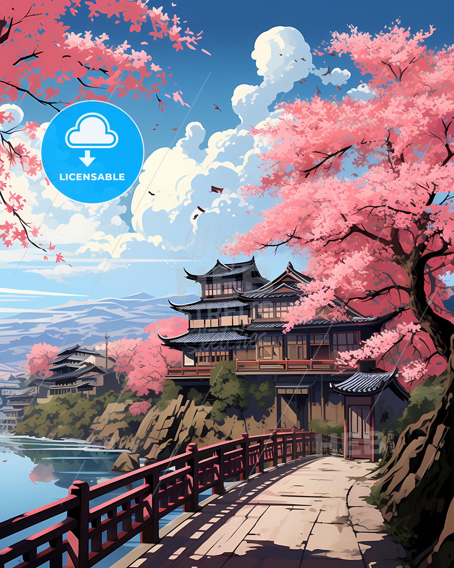 Haiphong Vietnam Skyline Painting Art Illustration Pink Trees Hills Bridge Vibrant