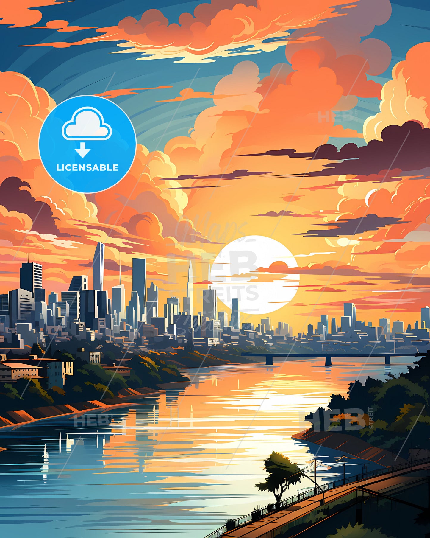 Expressive Cityscape Art: Hai Phong Vietnam Skyline with River and Bridge