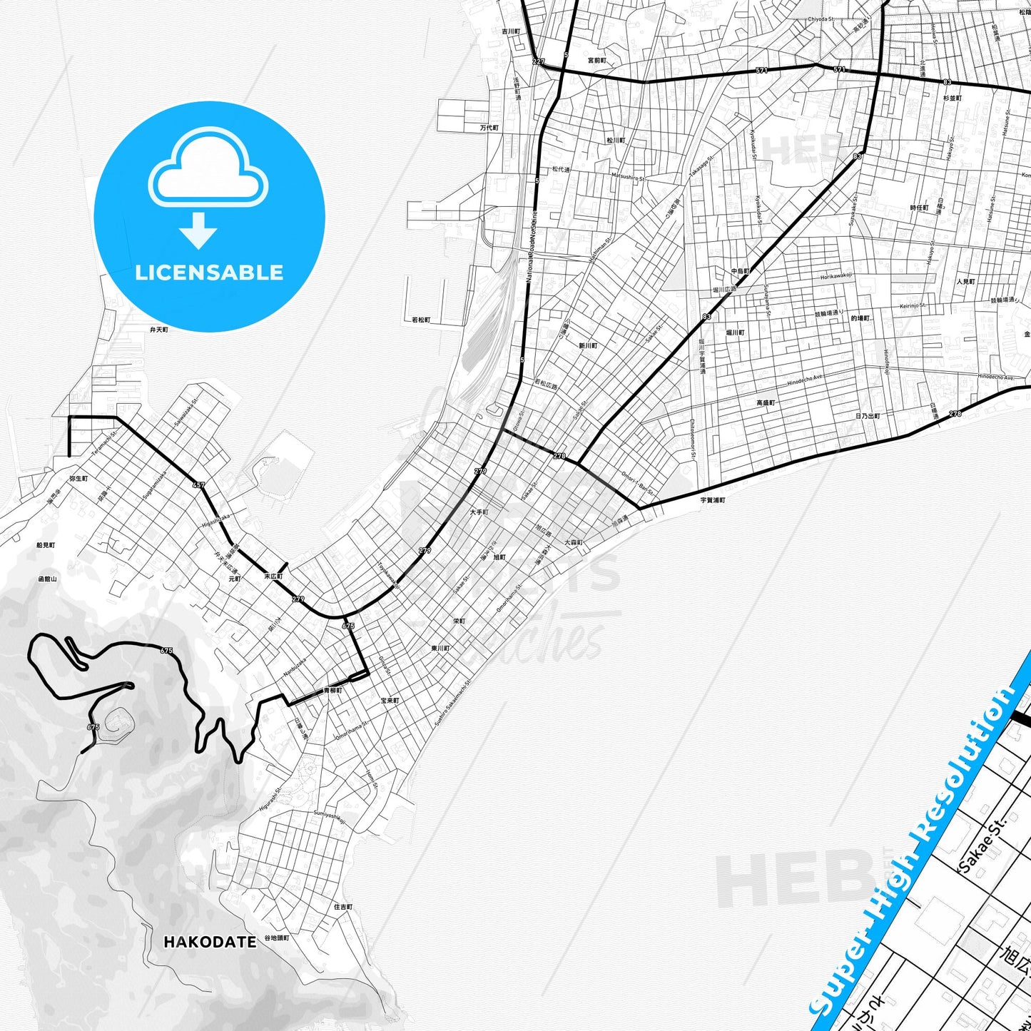 Hakodate, Japan Light Map with Street Names, City Names, and Districts