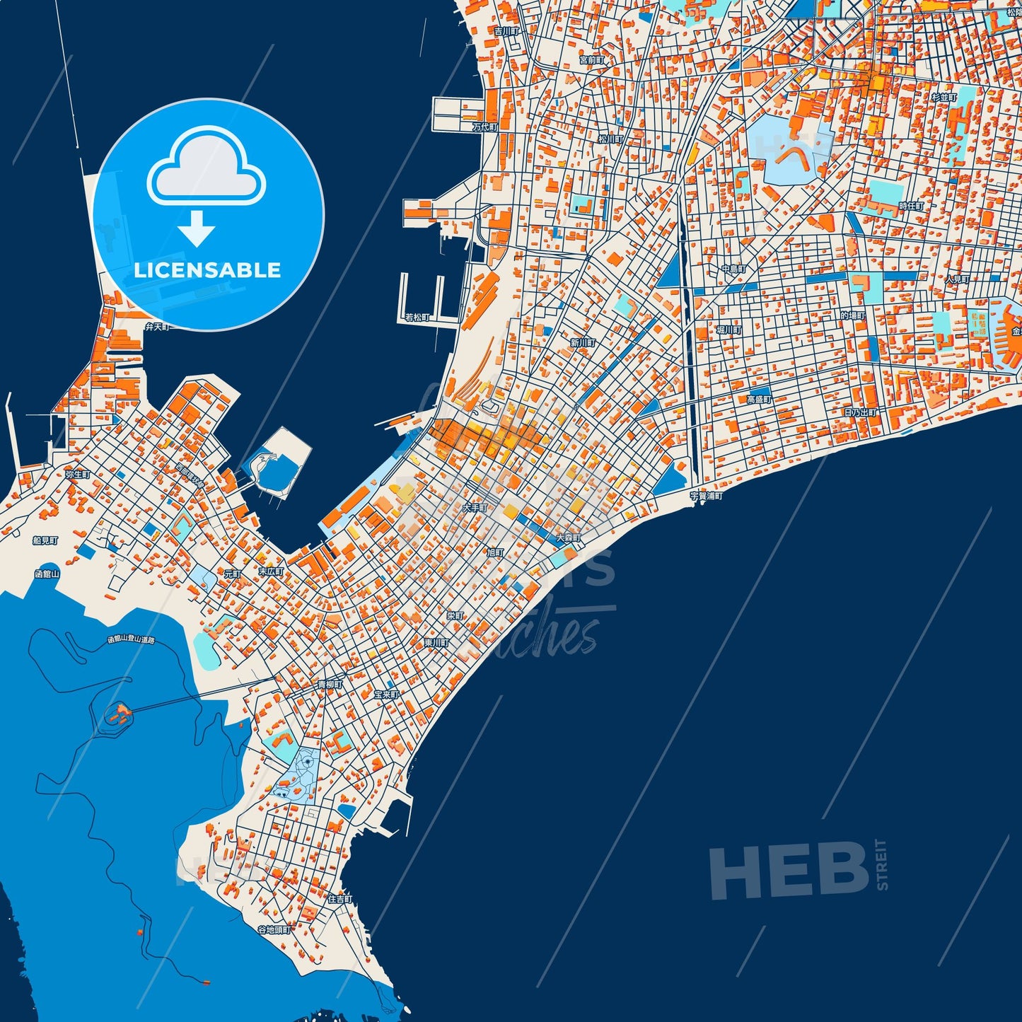 Colorful Hakodate Street Map with Labels and Buildings
