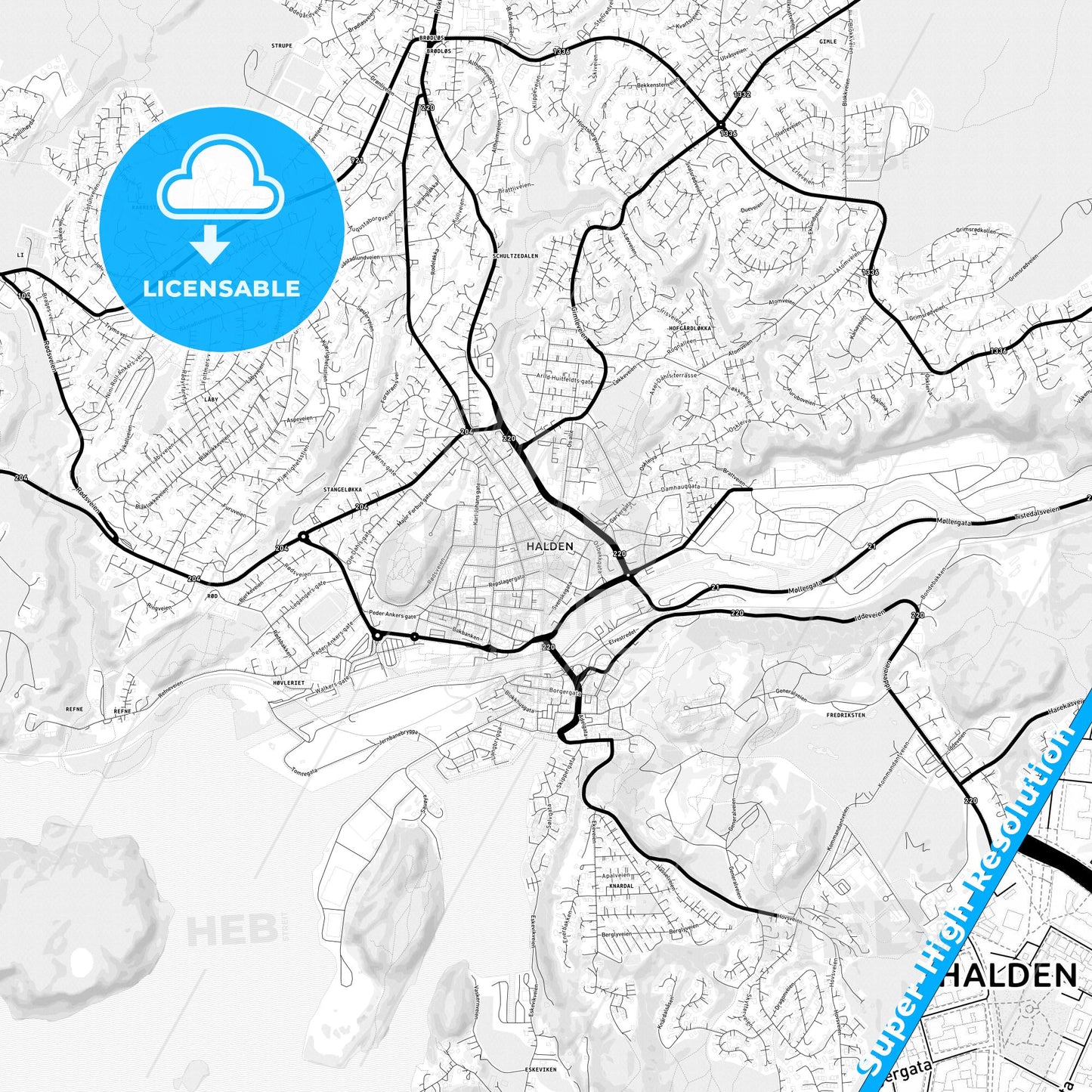 Halden, Norway Light Map with Street Names, City Names, and Districts